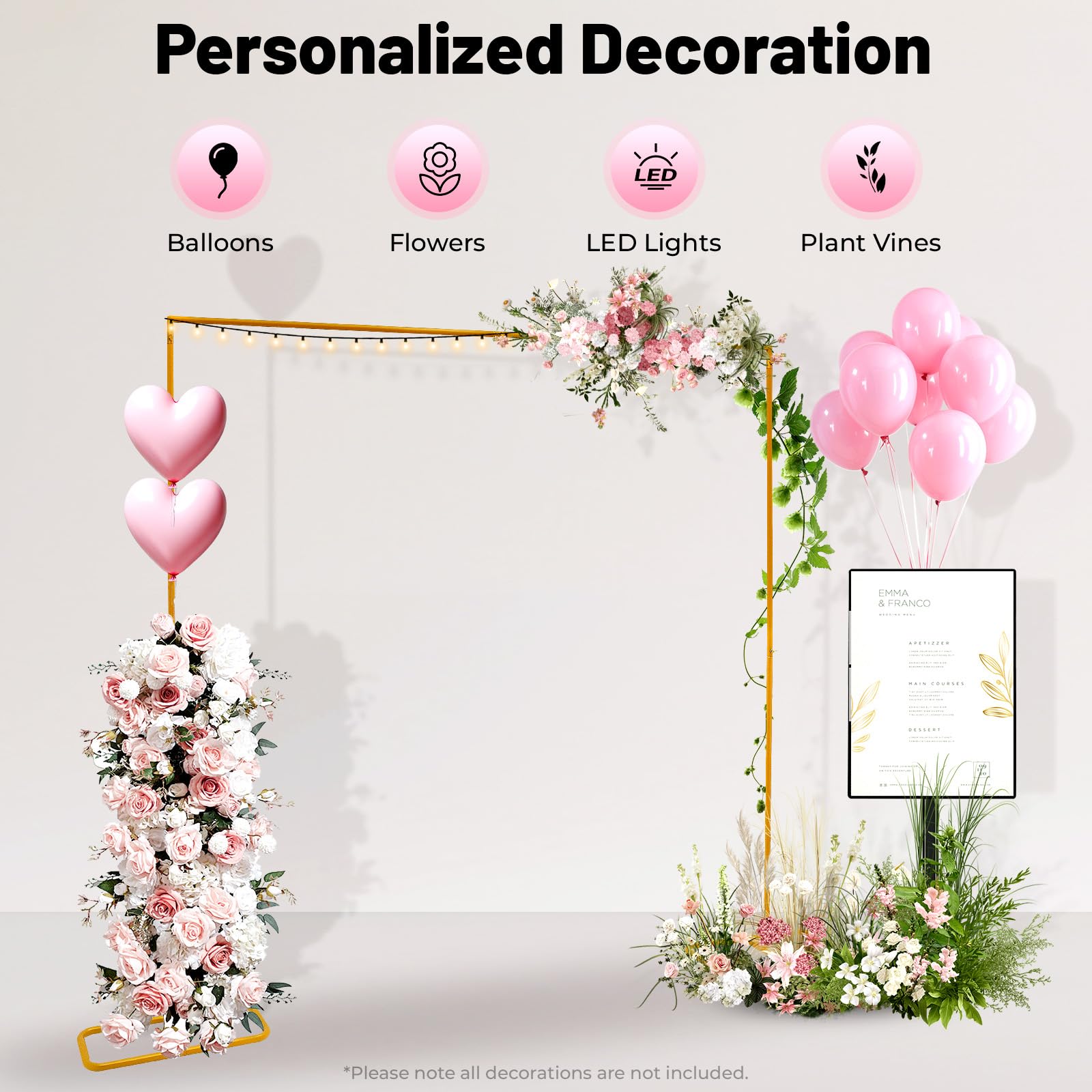 MINRS 2,0 x 2,1 m, in metallo, per matrimoni, anniversari, feste di compleanno, proposte di matrimonio, oro