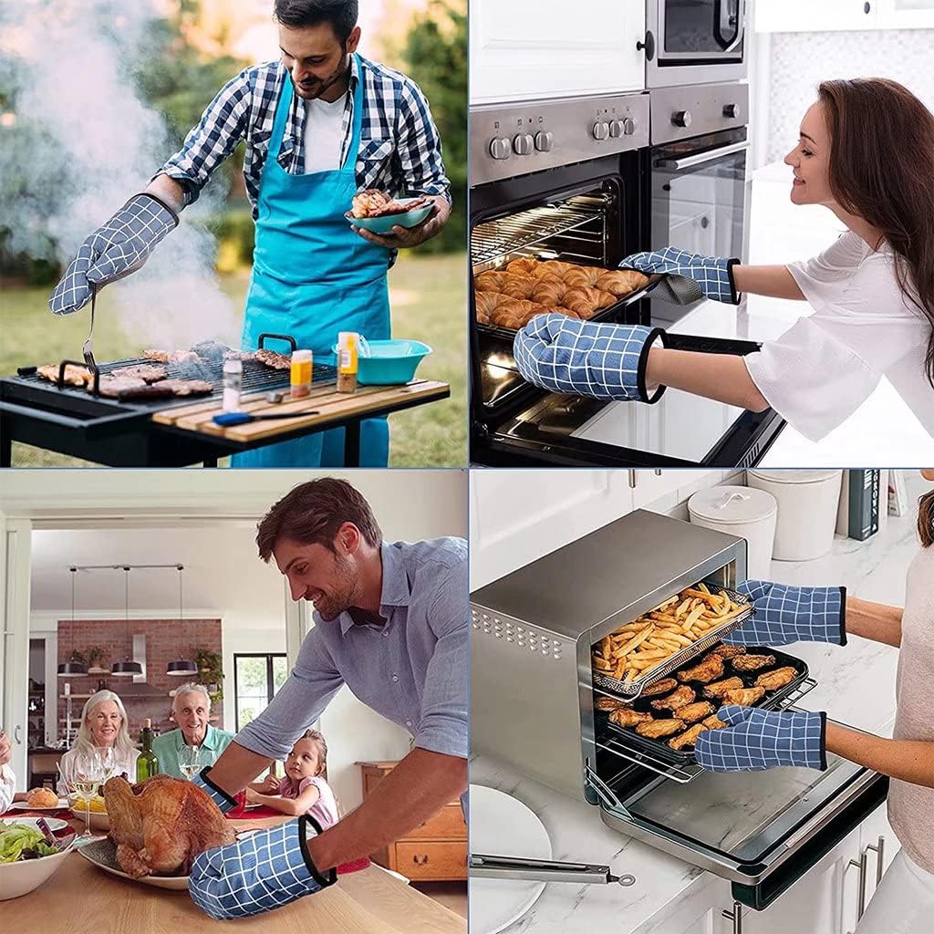 Oven Gloves, Silicone Oven Gloves, Cotton Lining and Non-Slip Surface, Square Stitched Heat Resistant Gloves for Kitchen, Baking, Grilling（Blue）
