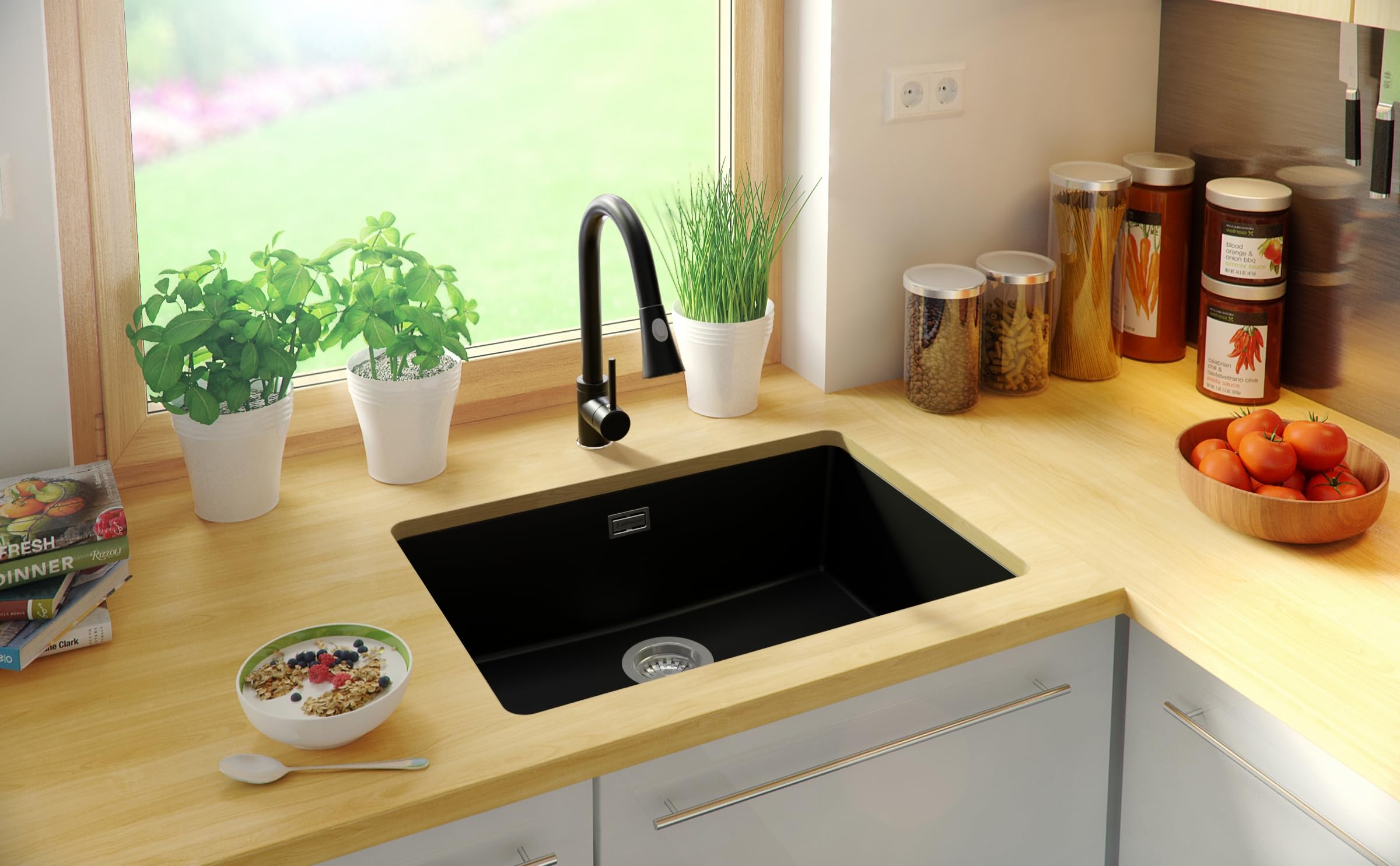 PRIMAGRAN Fregadero bajo Encimera Todo Negro - London, 66x47cm | Cocina 1 Seno + Zuberhor-Set, Granito al Mueble 70cm (S439)