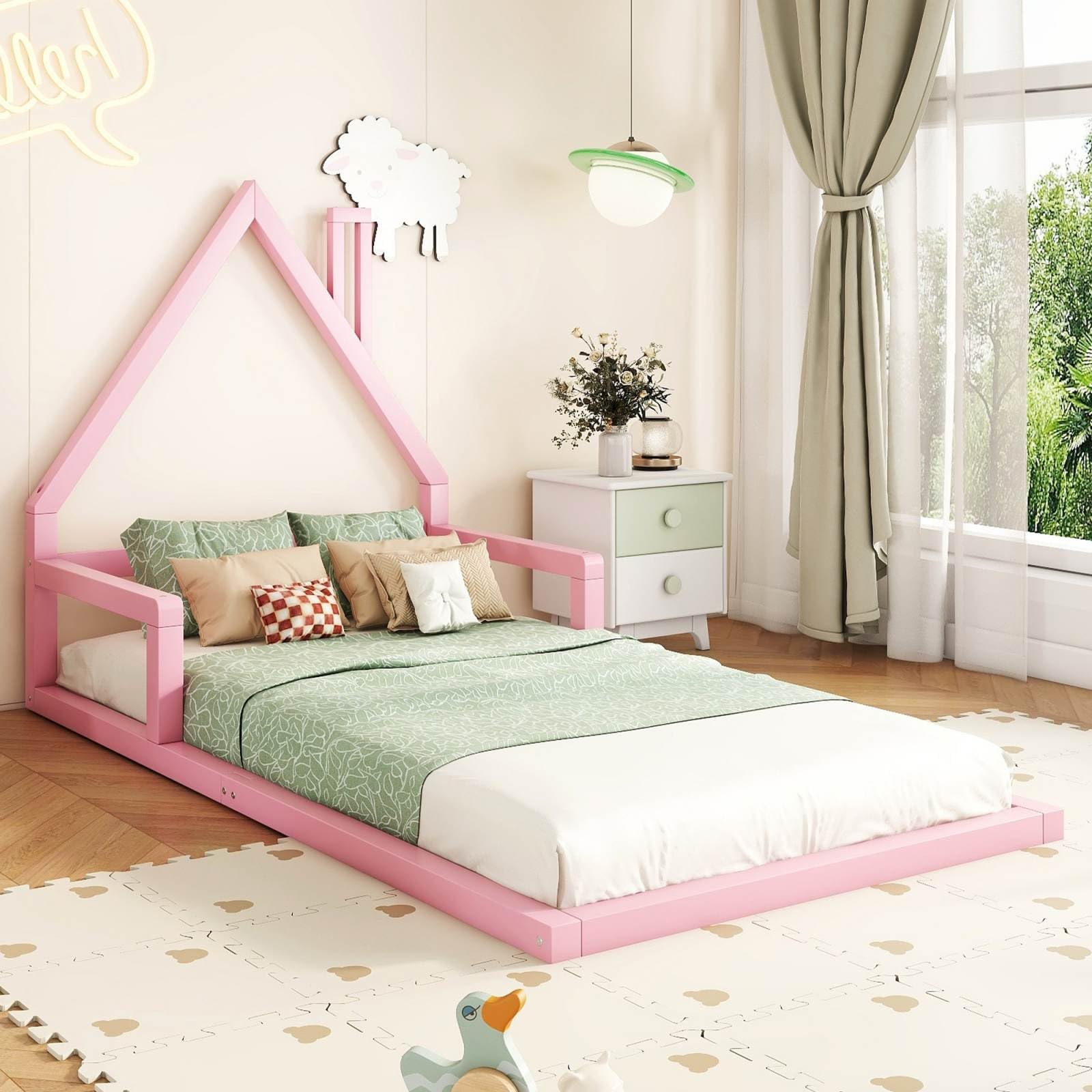 PUGSDRLY Lit Enfant 90x200cm, Lit Plaqué Pin Massif 1 Place, Forme Maison