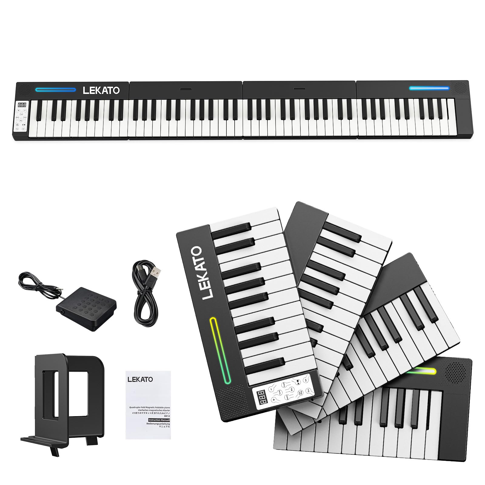 LEKATO Tragbares Piano Keyboard 88 Tasten, Magnetisch Faltbar E-Piano, 128 Sounds 128 Rhythmen Bluetooth MIDI Split Aufnahme, für Anfänger Reise Home