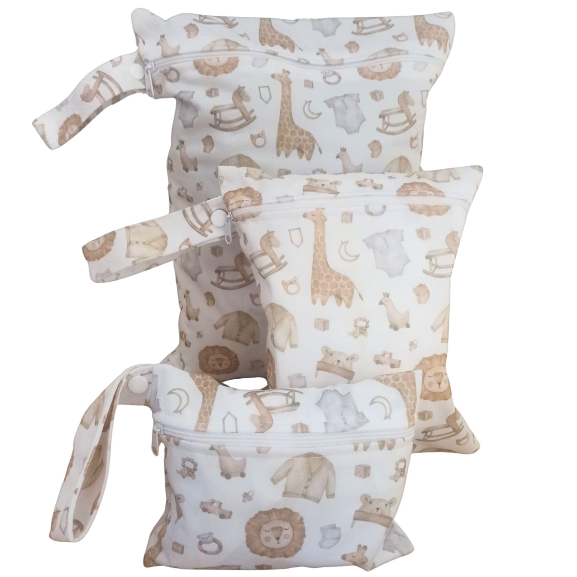 Bolsa Impermeable para Bebe de 3 Piezas, para Ropa Seca, húmeda y usada, Organizador de pañales, toallitas y cremas, para guarderia, Neceser para Viaje, Son Reutilizables. (Jirafa)