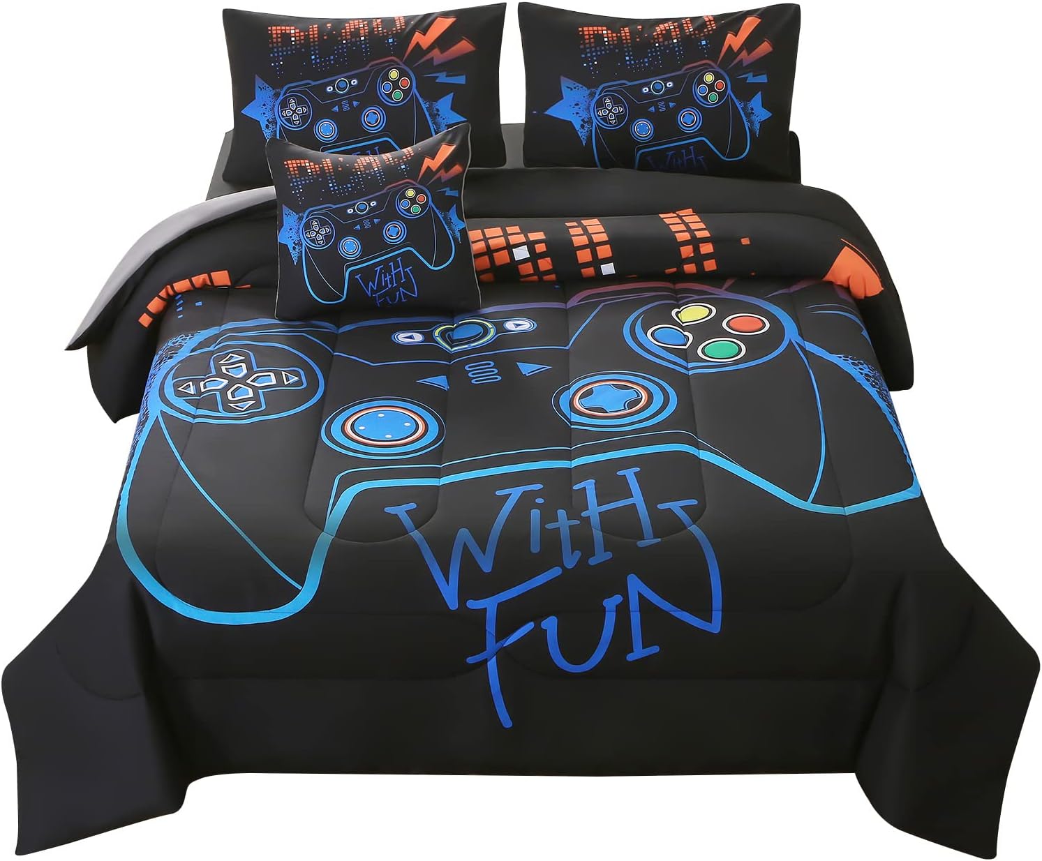 JQinHome Twin Gaming Comforter Sets for Boys,6 Piece Bed in A Bag 3D Video Game Bedding All