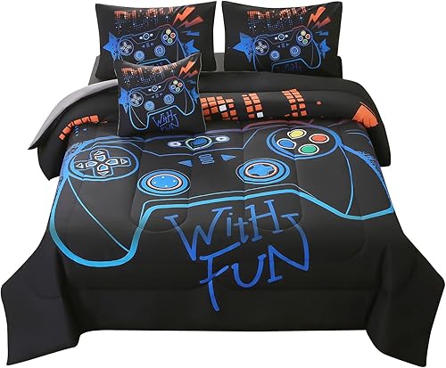 Miniatura 18 de JQinHome Juego de edredón individual para jugadores para niños y niñas, juego de ropa de cama de 6 piezas en una bolsa 3D de videojuegos - Edredón