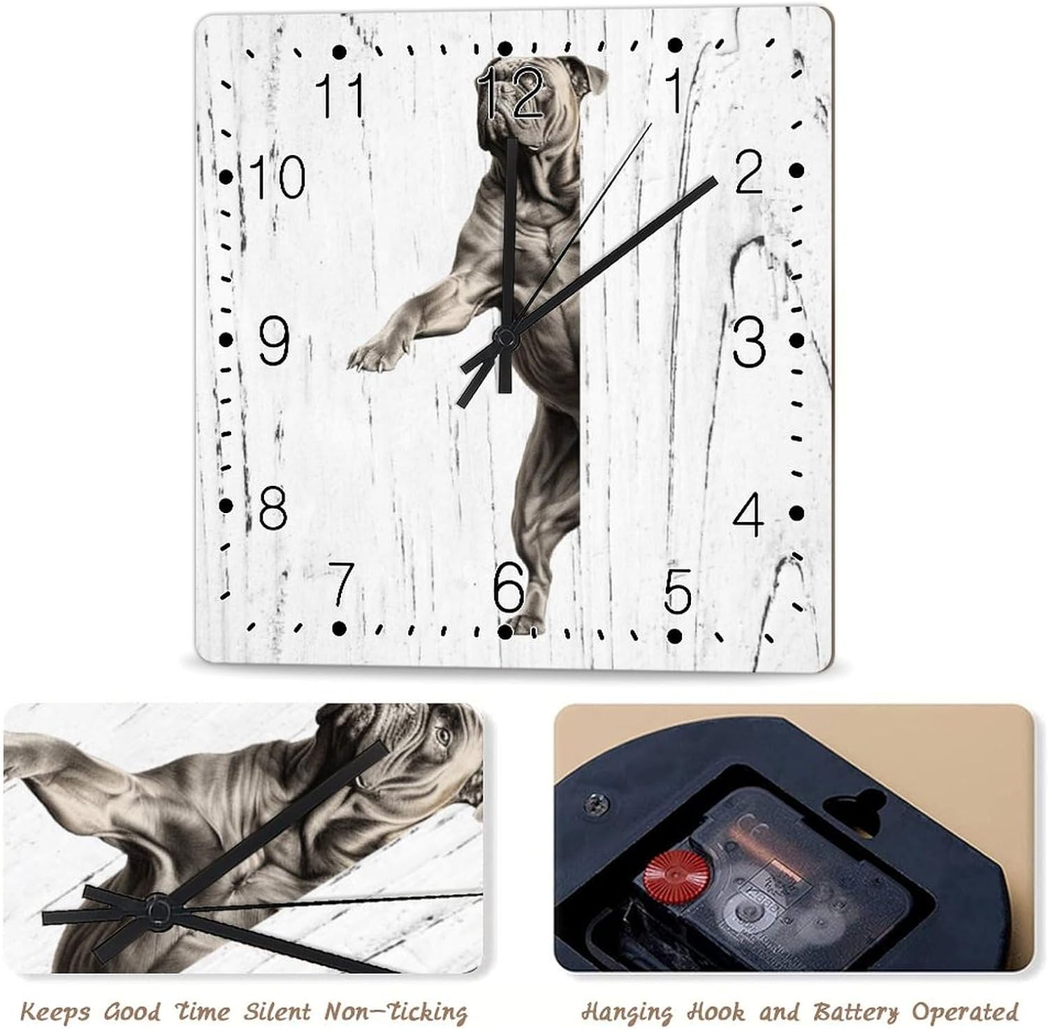 Mastiff Wooden Wall Clock Mastiff Dog Peeking ASquare Corner Wood Clock Battery Operated Silent Home Decorative Clocks Dog Mom Gift Wooden Clock for Home Office 12x12in