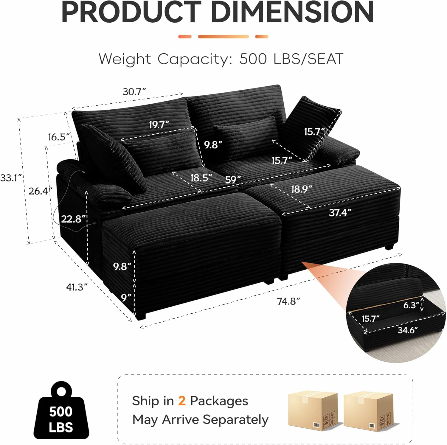75" Corduroy Loveseat with Storage Ottoman & USB, Cloud Deep Seat Couch with Convertible Ottoman Coffee Table, Double Chaise Lounge for Living Room, Corduroy Black