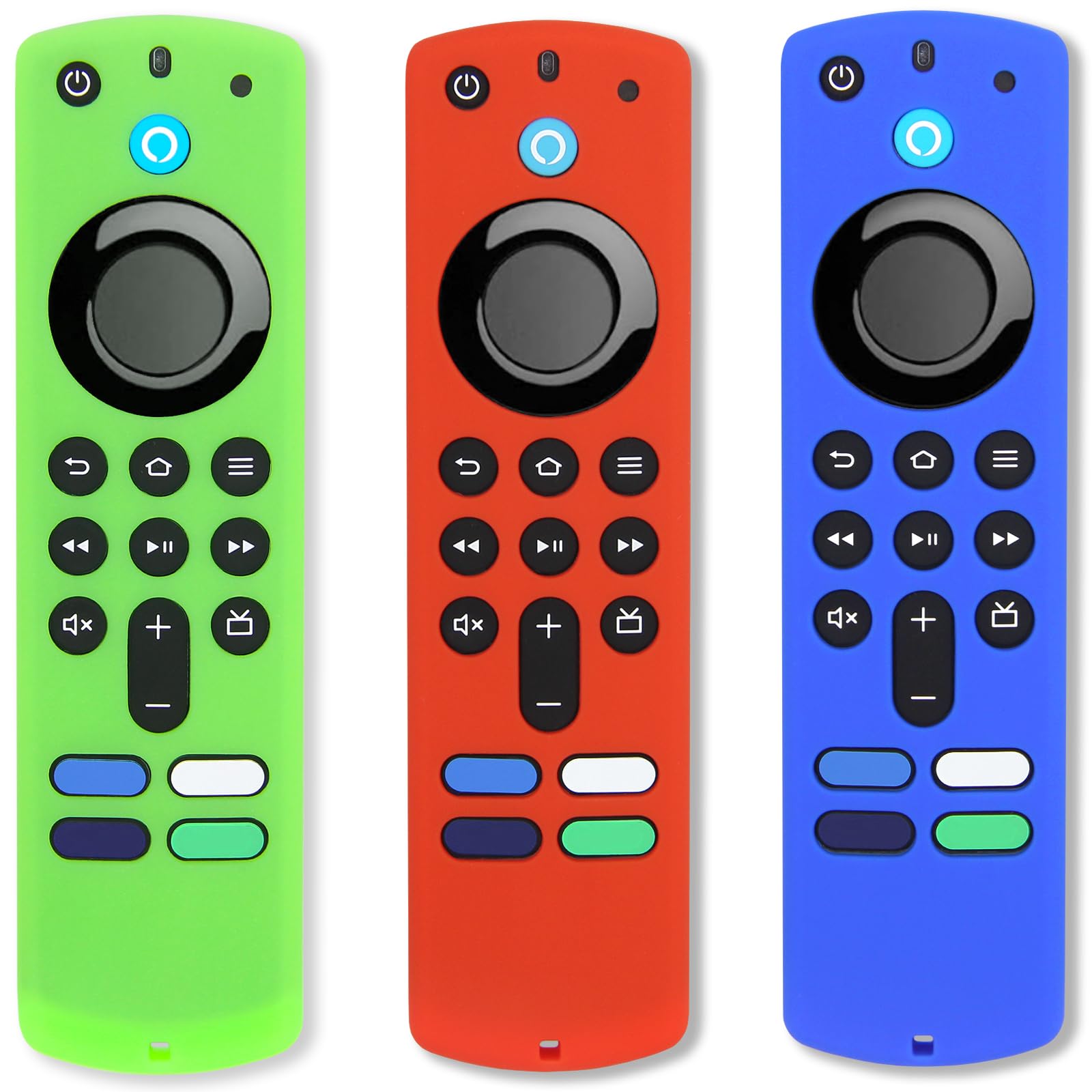 Pinowu Firestick Remote Covers (3pcs) Compatible with Alexa Voice Remote (3rd Gen) with Fire TV Stick 4K, Silicone Cases with Lanyard (Glow Green & Blue & Red) (NOT for HD/4K 2nd 2024)