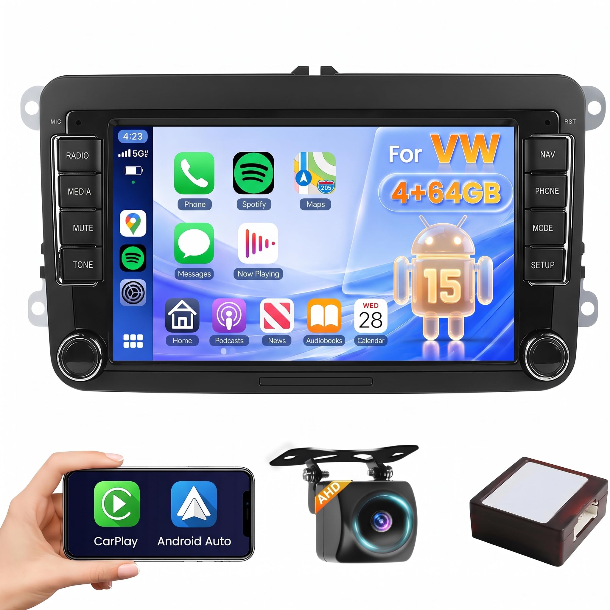 Roinvou 7'' 4+64GB Autoradio Android 15 pour VW Golf 5 6 Passat Polo