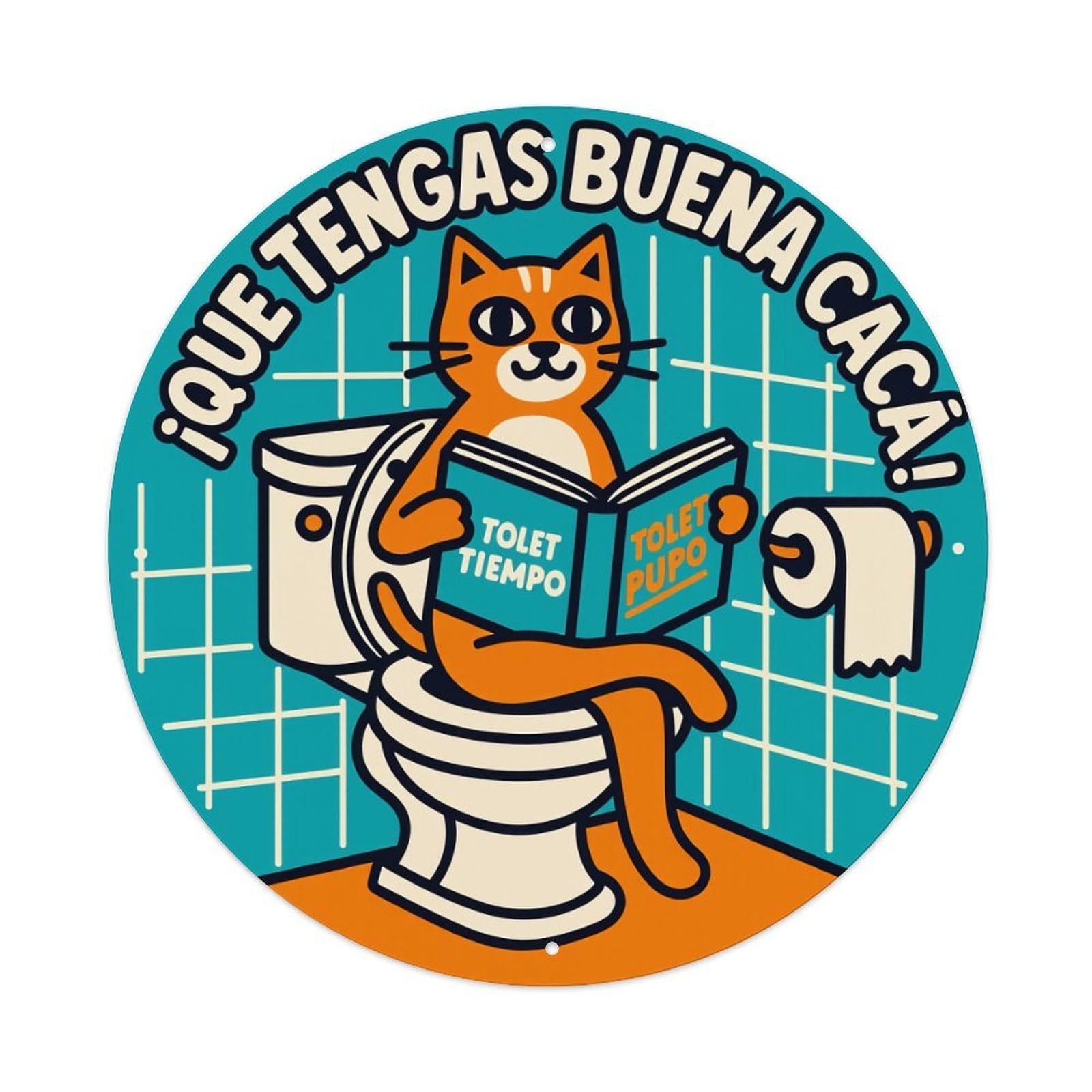 Lzwbntey Vintage Cat Reading Book On Toilet Metal Tin Sign Retro Wall Decor For Home Bar Garage Cafe, Indoor & Outdoor Decorative，Circle Metal Poster, 8X8 Inch