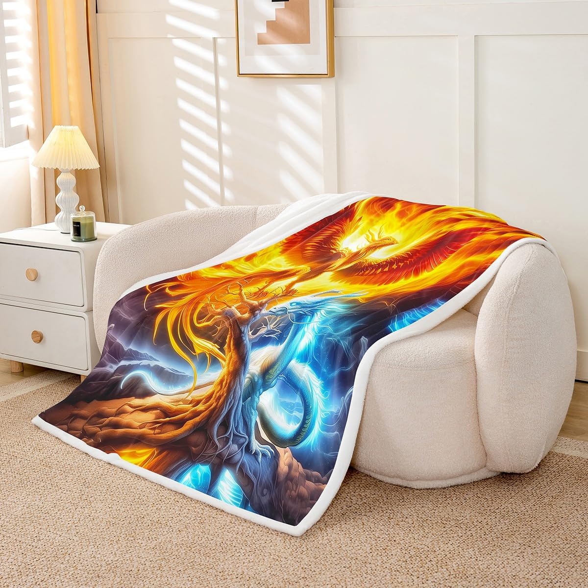 Manfei Life Golden Tree Kids Throw Blanket,Phoenix Dragon Lightning Light Mountain Bed Blanket for Boys Girls,Magical Natural Tale Blue Trippy Fuzzy Blanket,Queen Size (90 x 90 Inches)