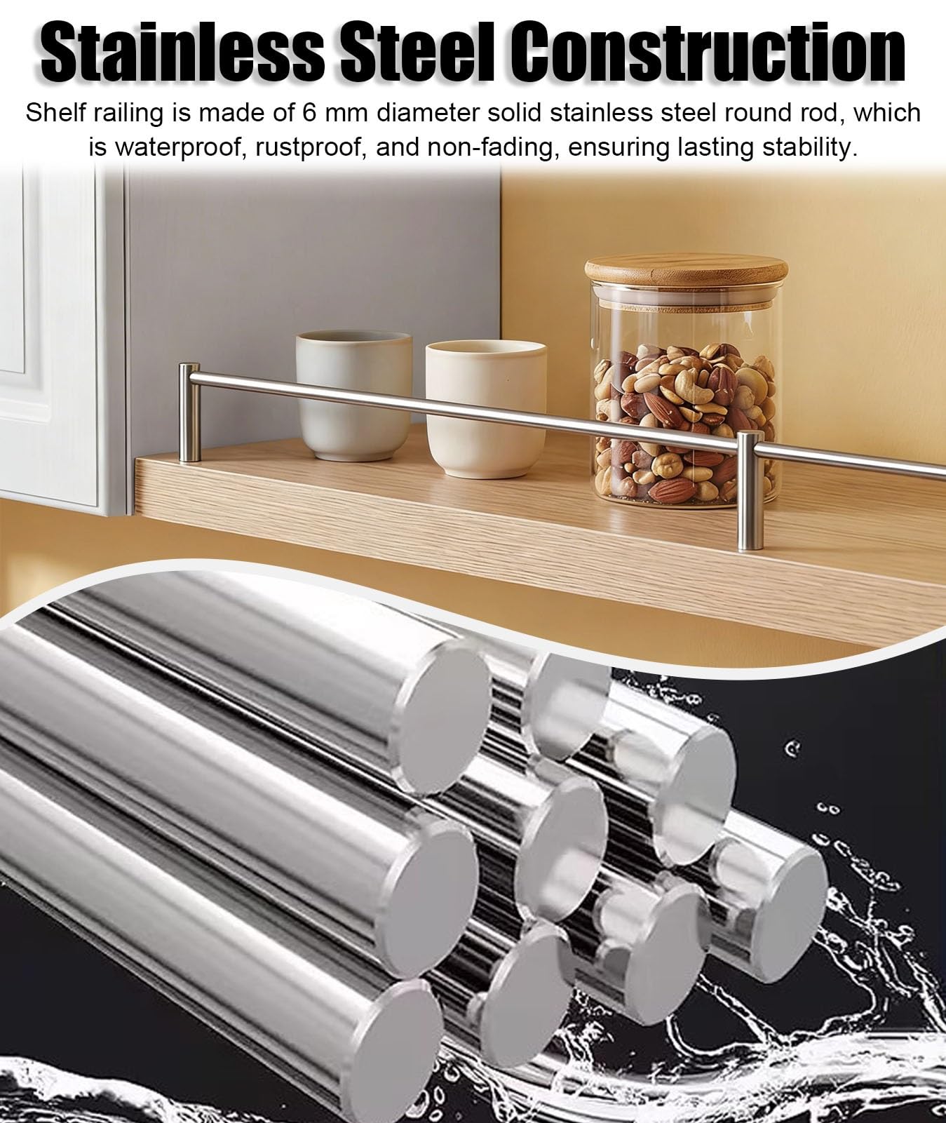 Vibeo Regalgeländer Hängeregalschienen aus Edelstahl, 30–90 cm Lang, Schrankgeländer-Set mit 2 Pfosten, Kippsicherung für Flaschen, Weinflaschen und Bücher(8 Pack,45cm/17.7in)