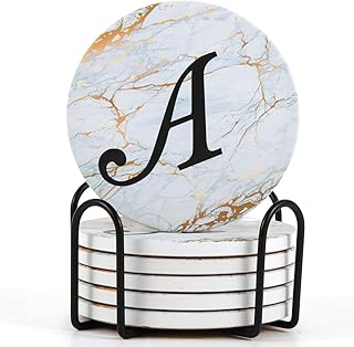 Monogrammed Coasters for Drinks Absorbents with Holder, Set of 6 Ceramic Marble Style Drink Coaster with Cork Base,Personalized Coasters Customizable with Name, Housewarming Gifts