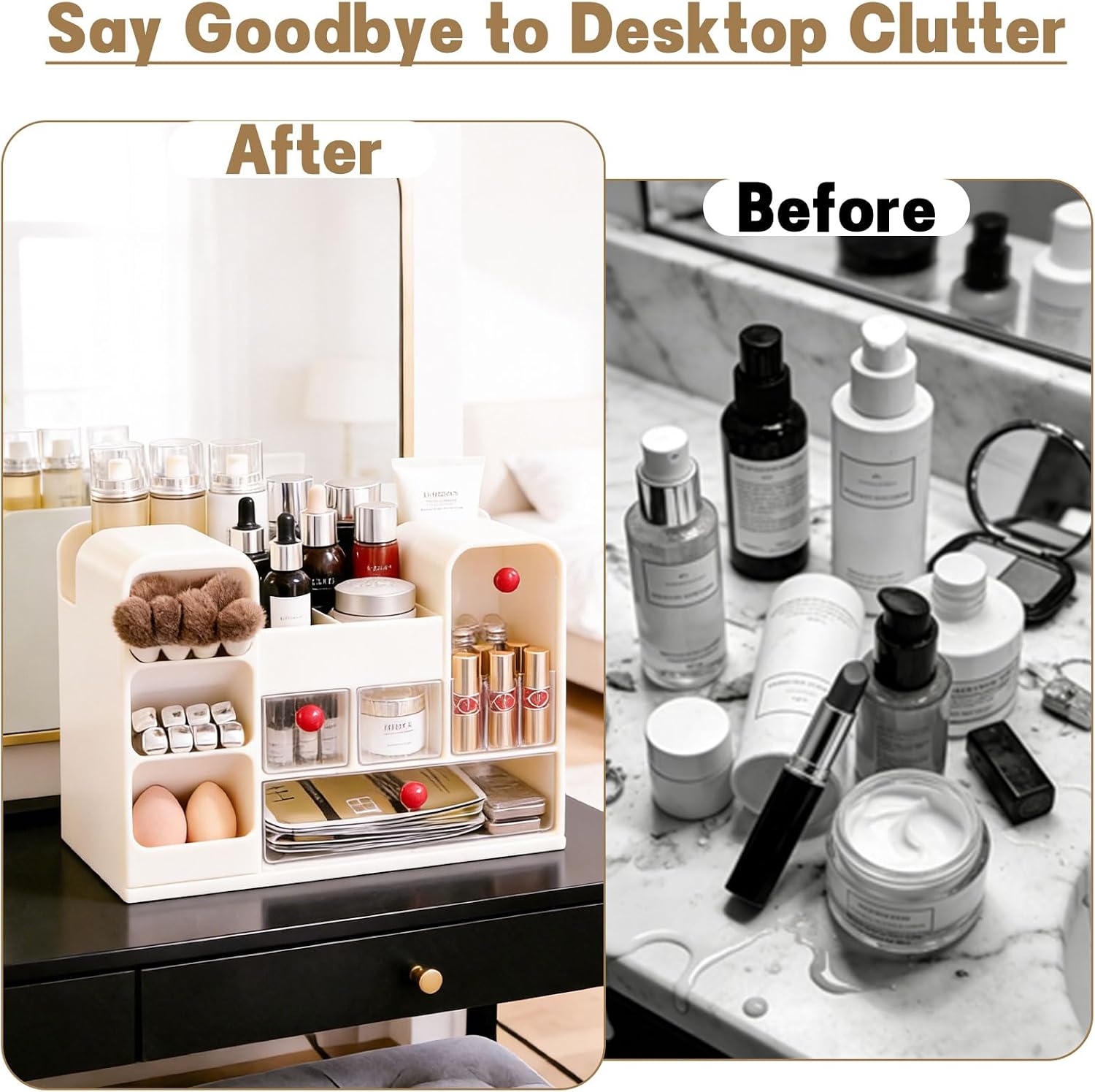 Makeup Organizer for Vanity with Brush Holder, Large Cosmetic & Skincare Organizer Countertop with Muti-Drawers, Cosmetic Display Case for Lipsticks, Nail Polishes, Perfumes, Eyeshadow (cream)