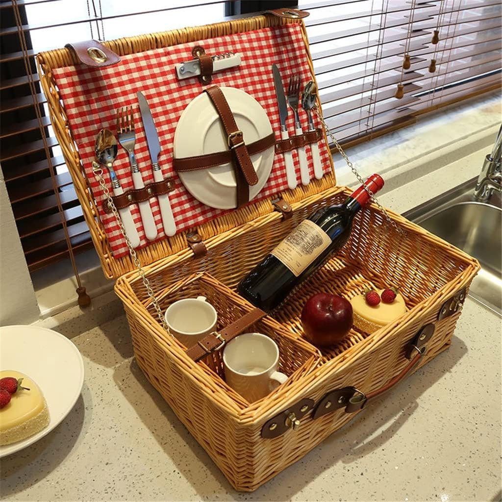 Wicker Hand Basket Outdoor Spring Outing Complete Tableware Field Picnic Rattan Woven Picnic Basket(D)
