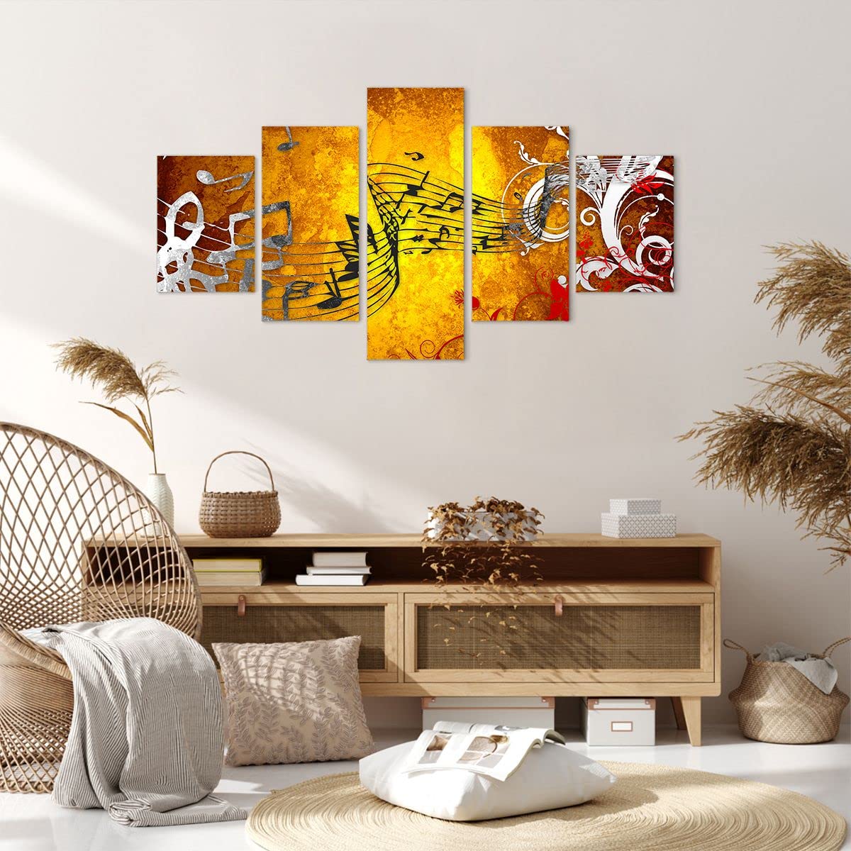 Tableau Triptyque 5 Parties - Coucher De Soleil Cascade Islande - Impression Sur Toile 160x85 Cm - Décoration Murale Moderne