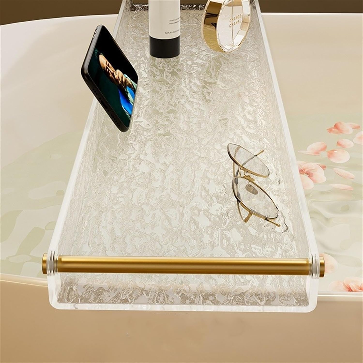 Bandeja acrílica para bañera con asa, organizador de baño de lujo para dispositivos, libros y bebidas, impermeable, ajustable, perfecto para una experiencia relajante de spa