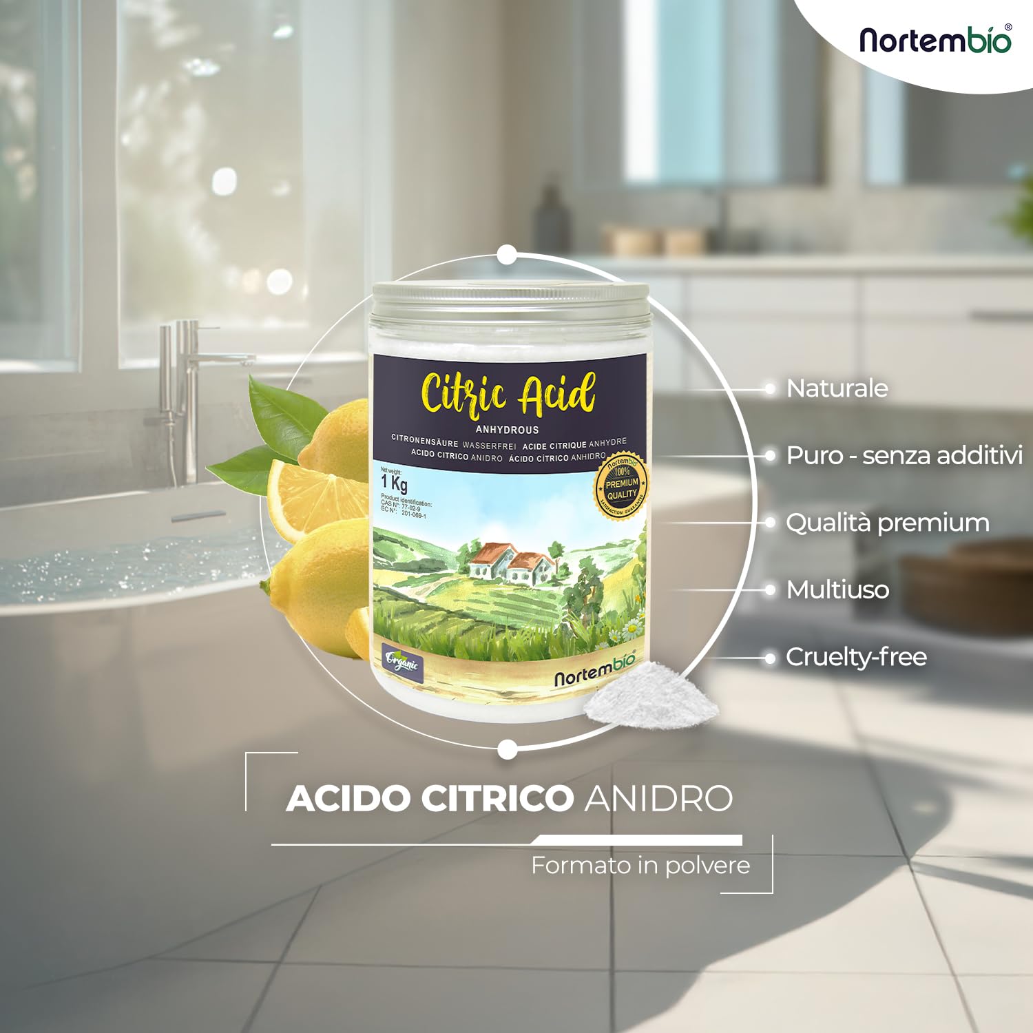 Nortembio Acido Citrico Acido Citrico Anidro Concentrato 100 % Puro Certificato – Pulizia Domestica Multiuso – Senza OGM + eBook Incluso (1 kg)