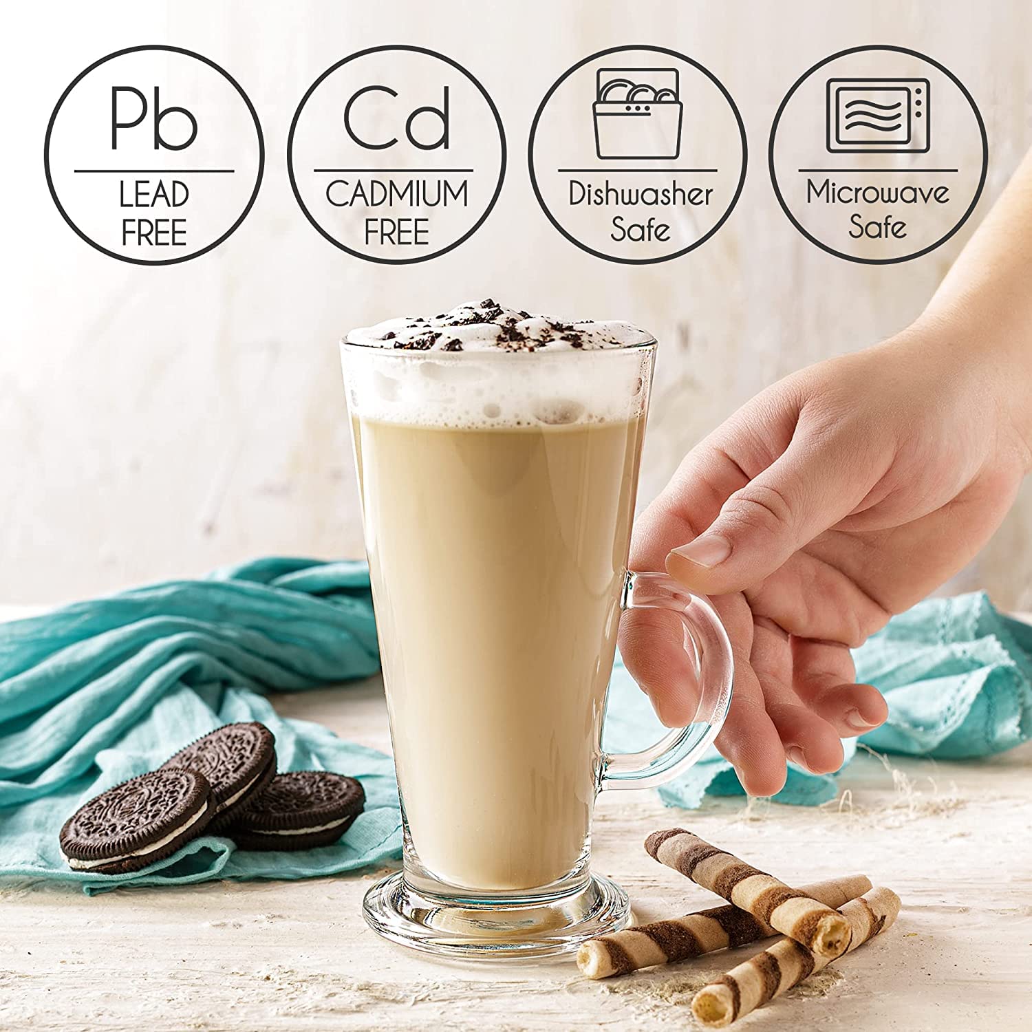 KEXES Irish Glass Coffee Mugs, Latte Cups, Set of 2 Cappuccino and Hot Chocolate Mugs with Handle, Clear Glass Mugs for Hot Beverages 270ML 2