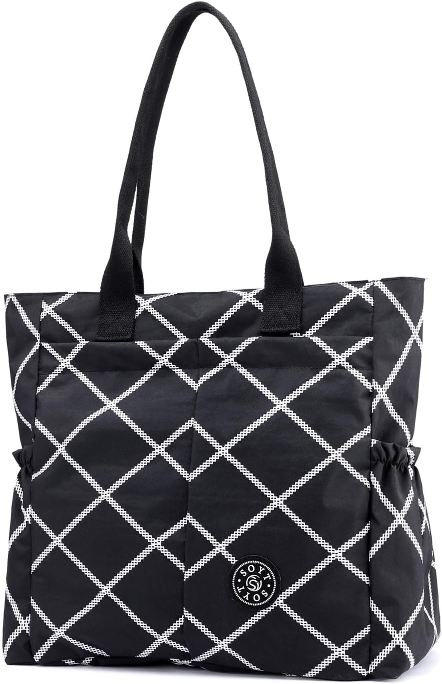 Nylon Water Resistant Multi Pockets Large Lightweight Tote Bag Shoulder Bag for Gym Hiking Picnic Travel Beach Waterproof Tote Bags (Black Rhomb HB)