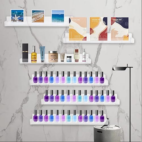 Miniatura 6 de Paquete de 6 estantes de esmalte de uñas, estante organizador montado en la pared con inserciones de extremo antideslizantes extraíbles, soporte de