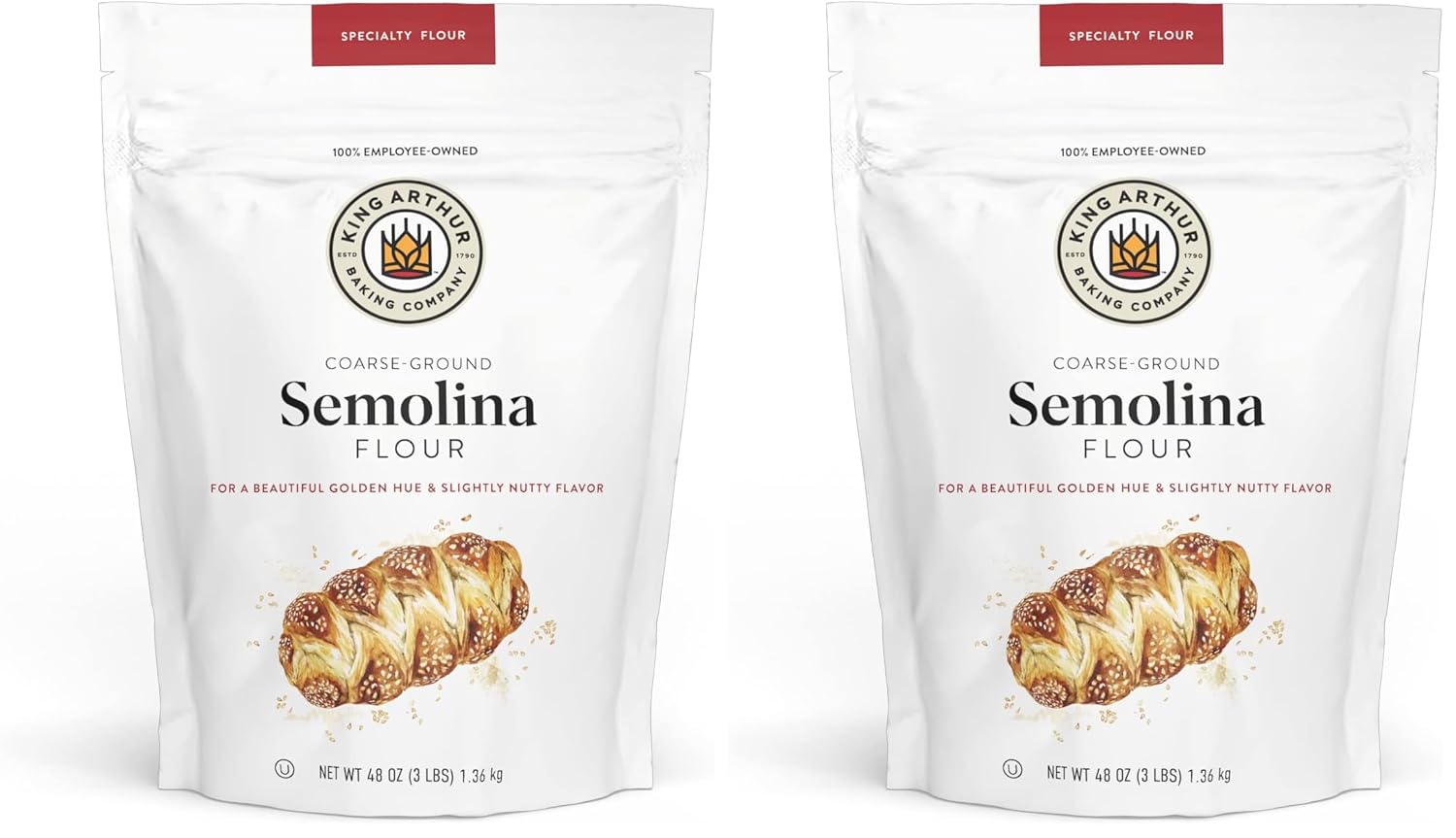 King Arthur Premium Semolina Flour: Coarse Ground, High Protein Durum Wheat Perfect Pasta, Pizza, Bread Making - Kosher, 3 lbs Resealable Bag, USA-Grown Wheat, Versatile Baking Ingredient (Pack of 2)