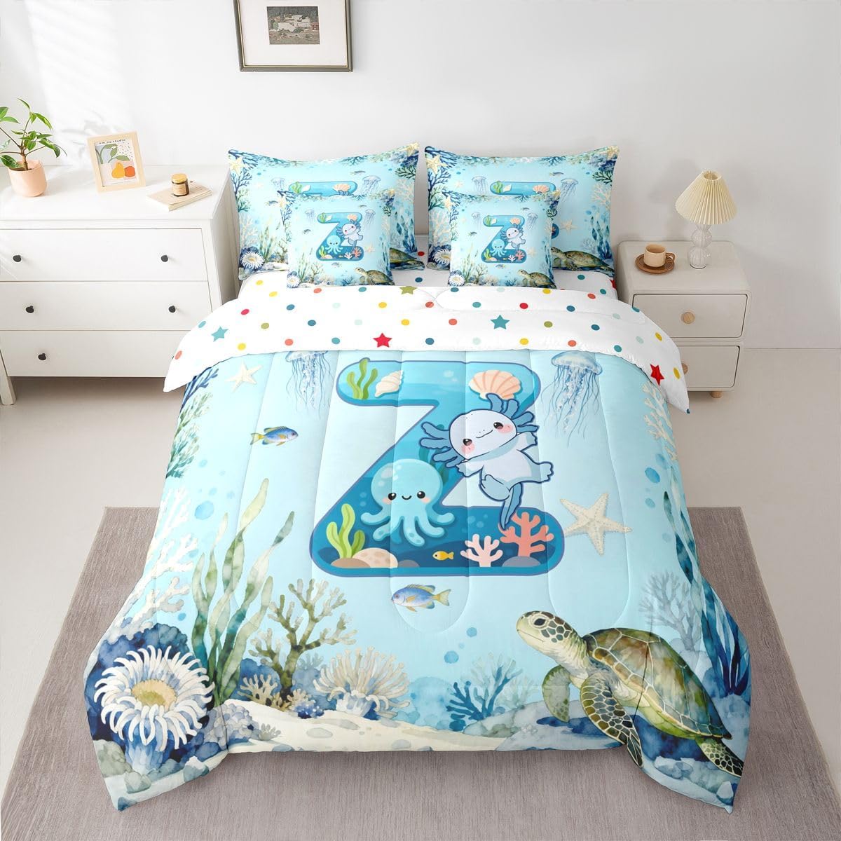 Erosebridal Cute Blue Axolotl Bedding Set 7 Piece Cartoon Letter Axolotl Full Comforter Set for Kids Boys Girls Personalized Initial Z Bed in A Bag with Sheets Underwater World Ocean Animal Bed Set