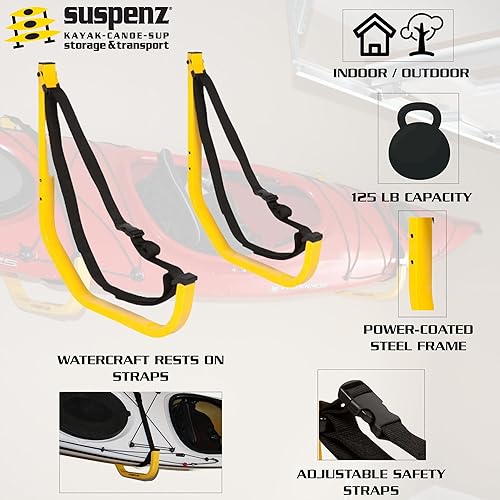 Miniatura 2 de Suspenz Kayak Canoa SUP Percha de almacenamiento para pared de garaje, interior y exterior, estante de Jay Rack, amarillo, (11-0001)