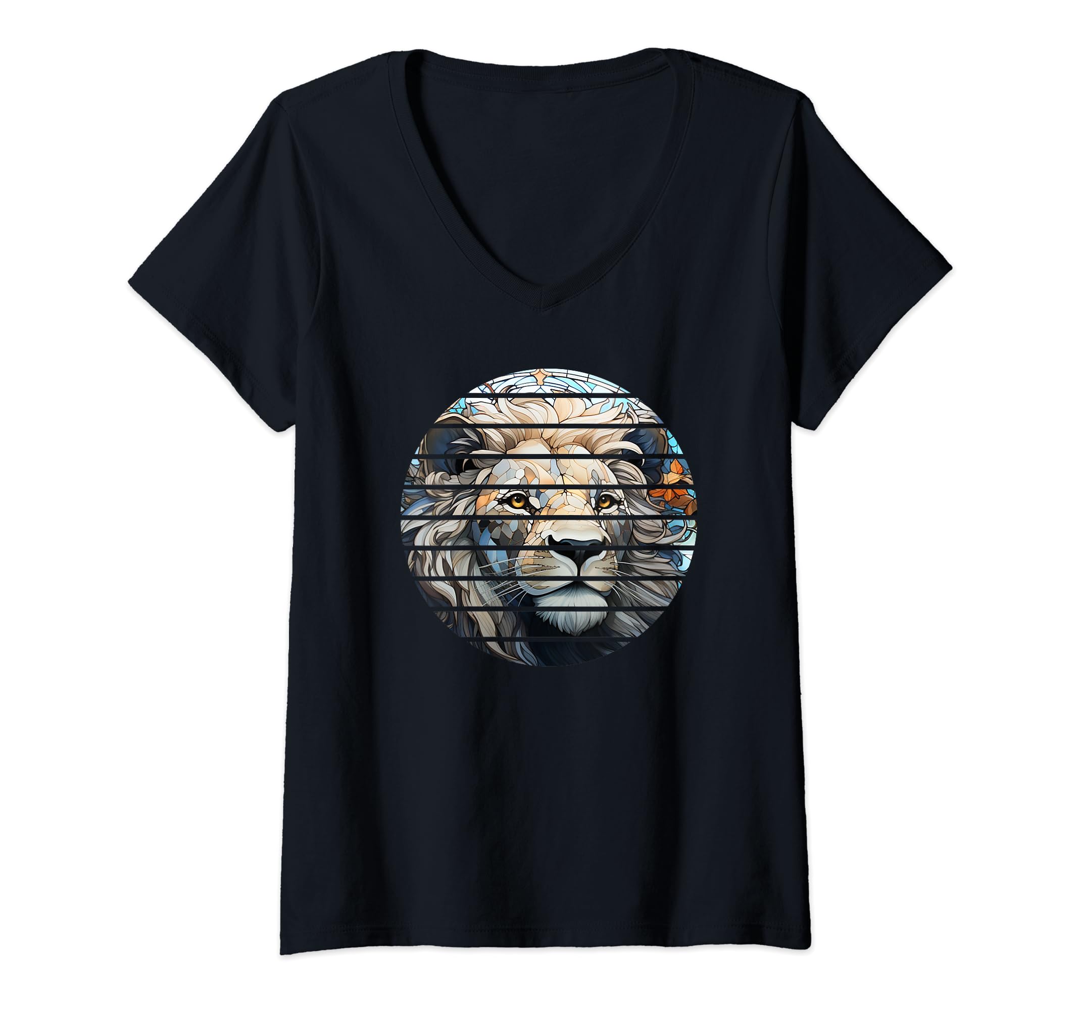 Retro circle stained glass safari white lion zoo animal art V-Neck T-Shirt