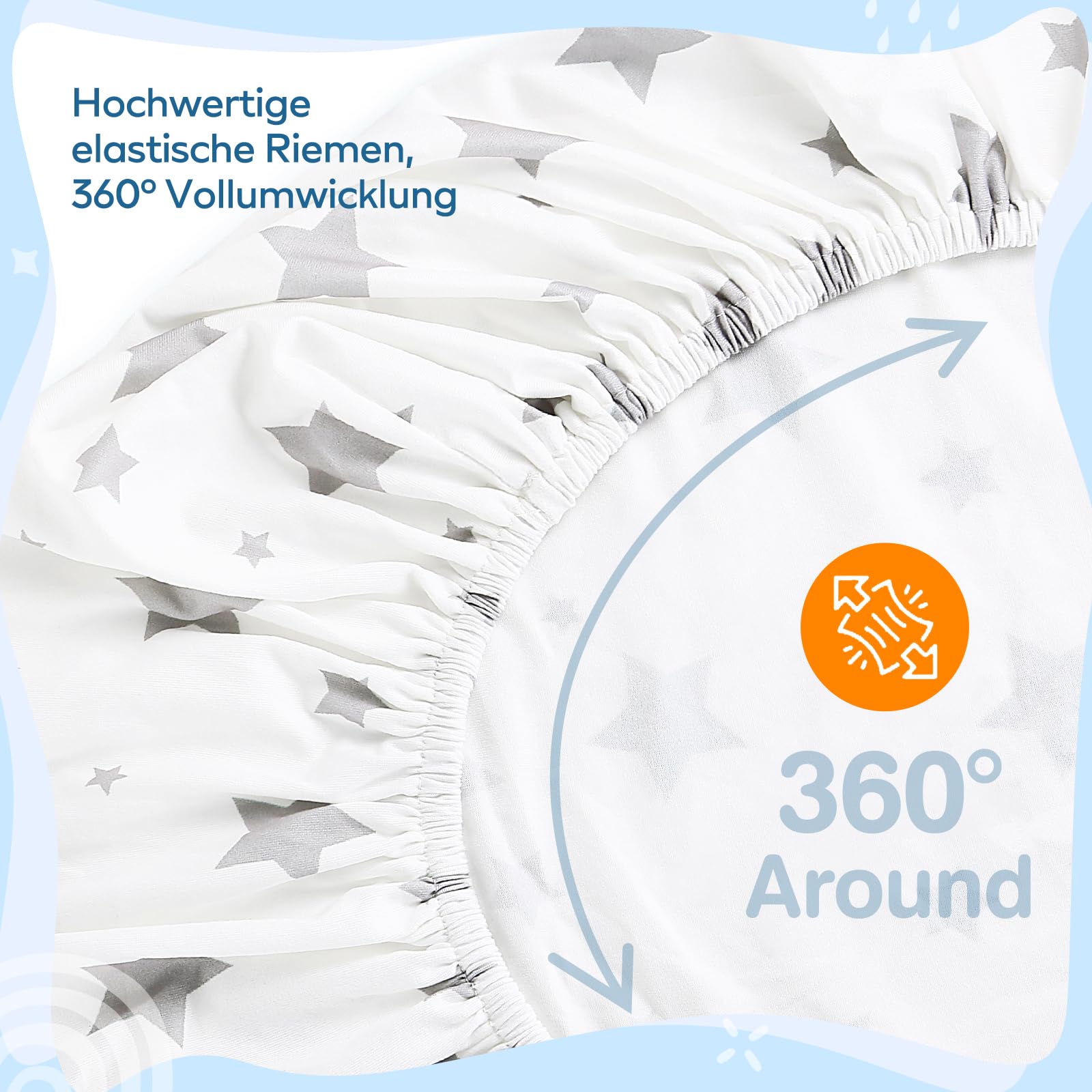 Baby Spannbettlaken 70 x140cm, 3er Set Spannbetttuch für Babybett & Kinderbet, 2X Spannbettlaken Oeko-Tex Standard 100, 1X Matratzenschoner aus 100% wasserdichtem (Wal + Grauer Stern)