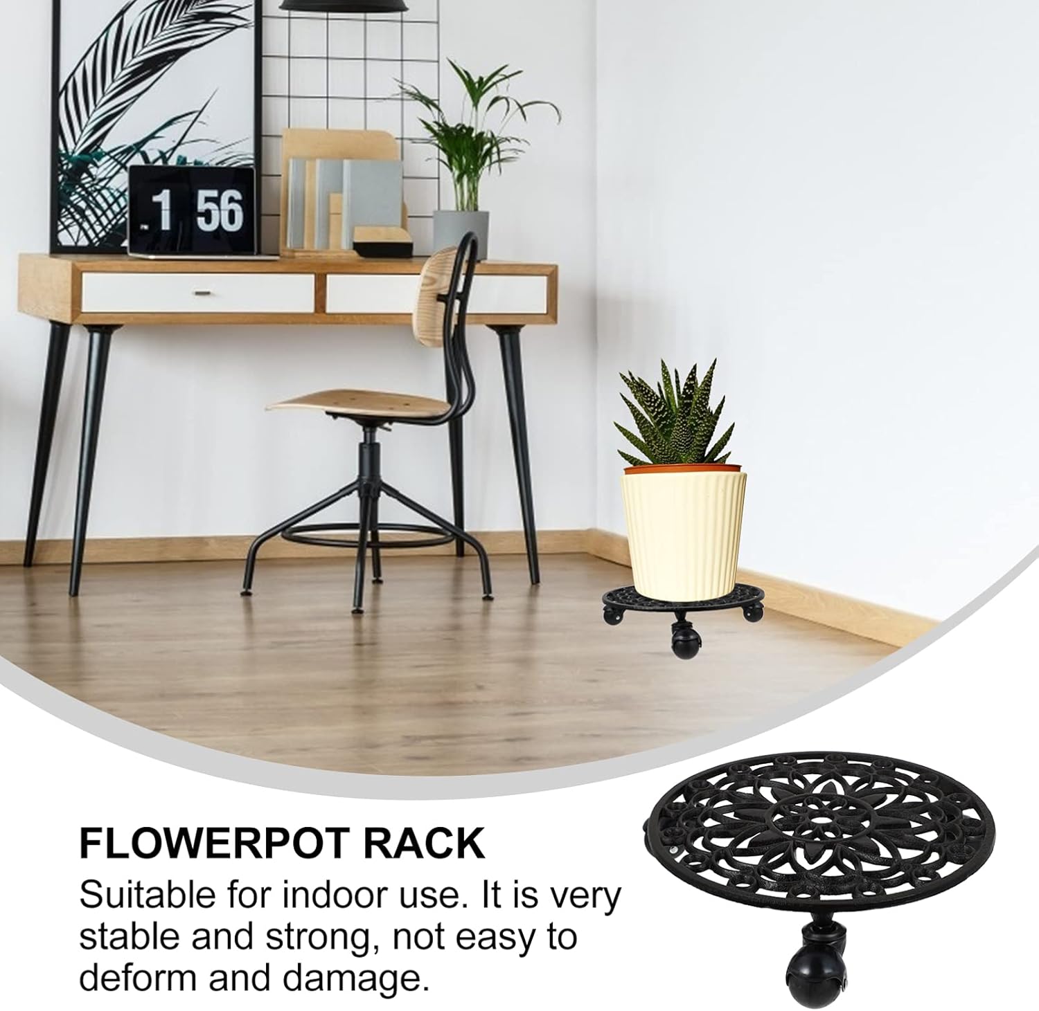Garneck Movable Flowerpot Stand Heavy Duty Wheels Cast Iron Plant Trolley Removable Tray for Indoor and Outdoor Use Hollow Out Flowerpot Base Tray Sturdy and Practical
