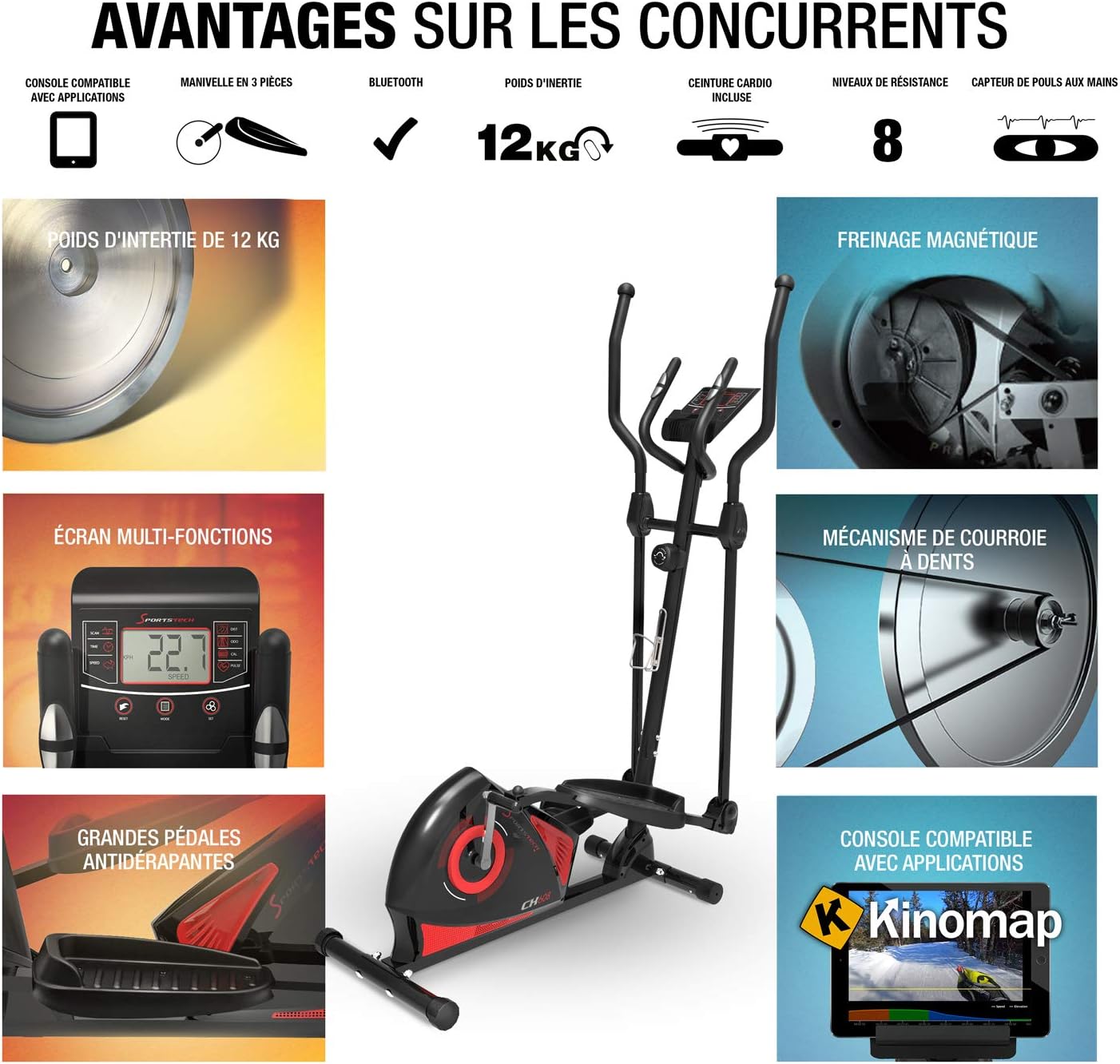 Diagram showing various components and features of the Sportstech CX610 Crosstrainer