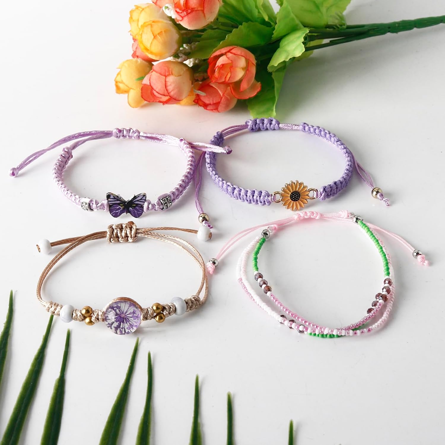 DS 4PCS String beads Charm Bracelets for Teen Girls Dainty cute cartoon Butterfly Daisy Eternal flower Beads Bracelets set for woman and girls Adjustable Stretch bracelet birthday Gift For Friends - Image 4