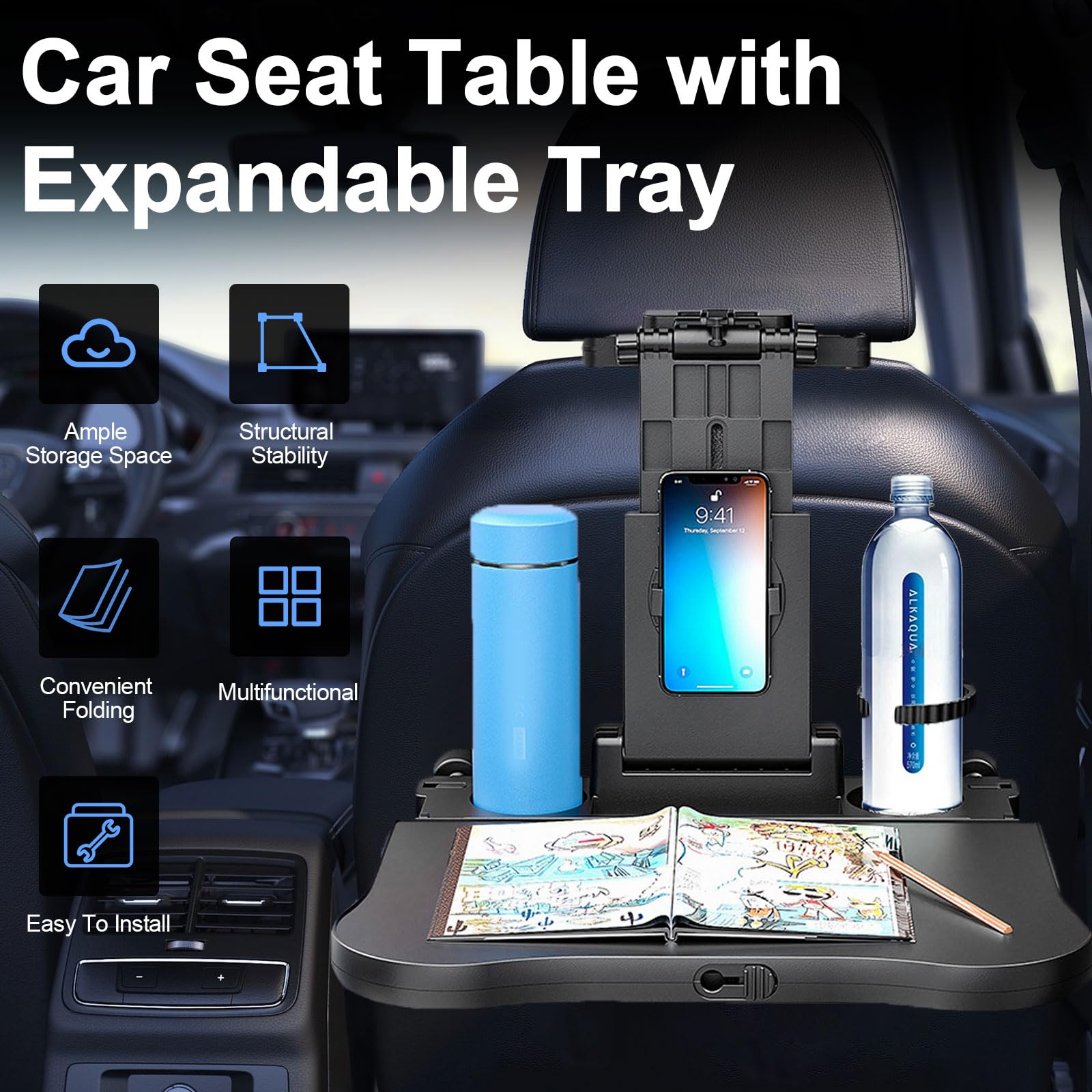 Mesa de coche para niños,Mesa Trasera PortáTil para AutomóViles, con Portavasos, Soporte para TeléFonos MóViles, Mesa De Asiento Trasero Plegable,Para Niños,Viajes,Trabajo (Capacidad De Carga 20 Kg)