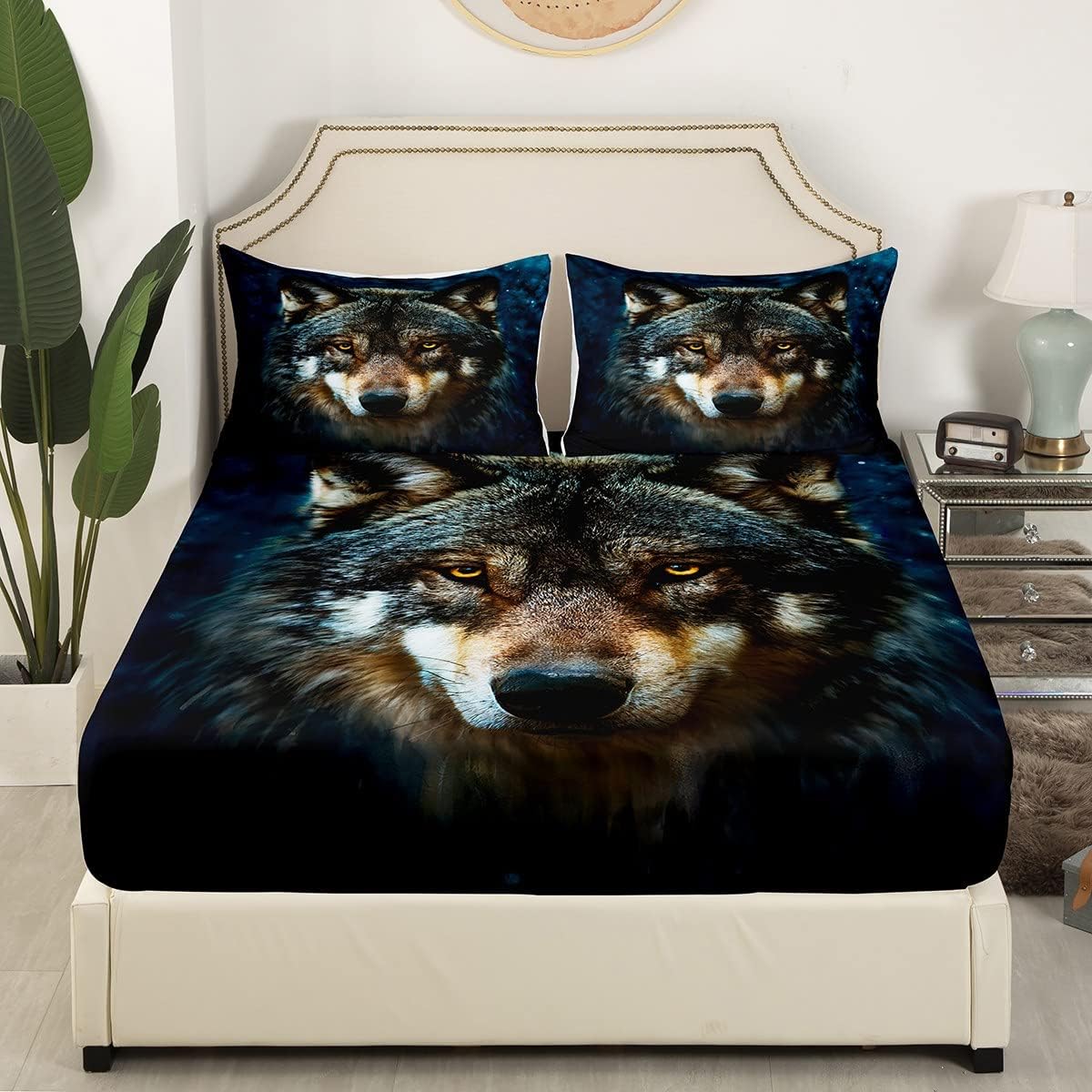 Wolf Bed Fitted Sheet Queen Size, Wild Animal Wolf Bed Sheet Sets Nature Animals Bedding Set Deep Pocket Bed Sheets (1 Fitted Sheet 2 Pillow Cases) No Flat Sheet, Grey, Painting Art