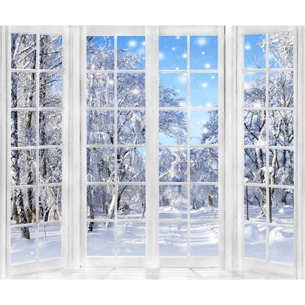 10x8ft Winter Backdrop Christmas Backdrops for Photography Window Snowy Wonderland New Year Background Family Gathering Party Banner Decorations
