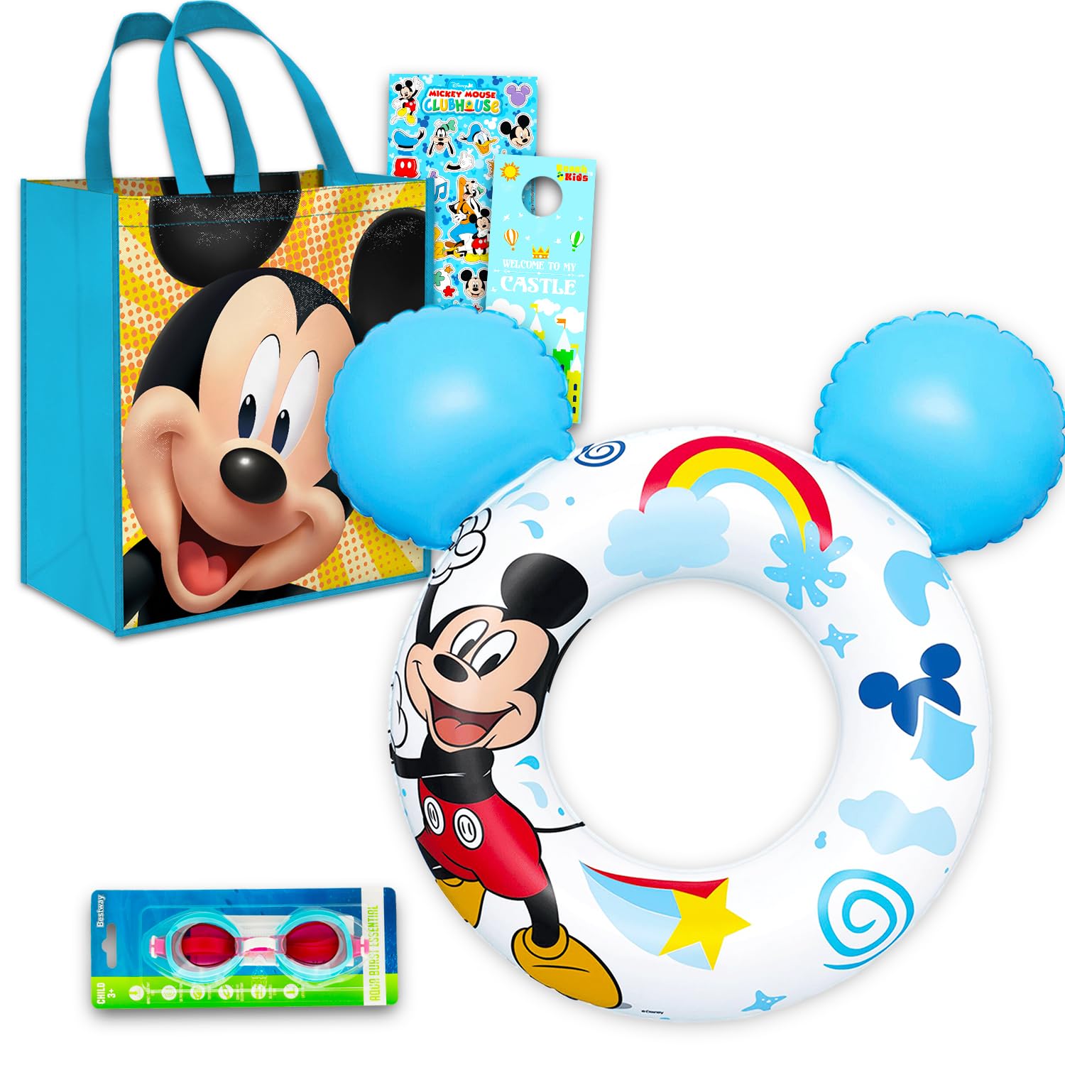 Ensemble de jouets de piscine Mickey Mouse pour enfants – Ensemble cadeau Disney avec bouée gonflable, lunettes, sac fourre-tout, autocollants et plus encore | Jouets Mickey Beach pour enfants