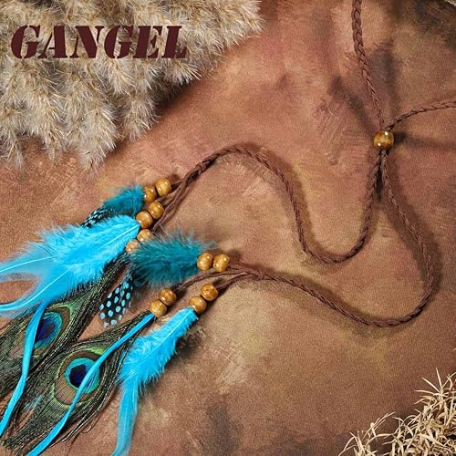 Miniatura 3 de Gangel Diadema de plumas indias hippie con diadema bohemia con plumas de pavo real a la moda, cuerda de cáñamo para festivales, mascaradas, disfraz