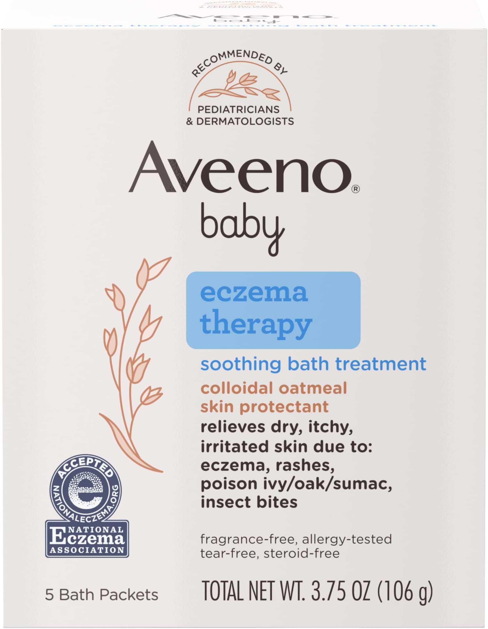 Baby Eczema Therapy Bath Treatment for Relief of Dry, Itchy and Irritated Skin, Made with Soothing Natural Colloidal Oatmeal, Unscented, 3.75 Oz, 5 Count, Pack of 2