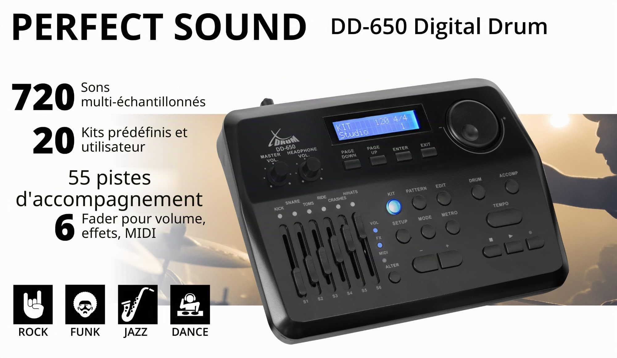 XDrum DD-650 Mesh E-Drum Kit - batterie électronique avec vraie HiHat, pads caisse claire et grosse caisse 14" bois, 720 sons, 20 kits préréglés + 20 utilisateurs, rack inclus, Black Sparkle.