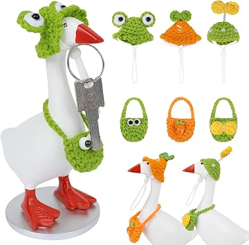6 Pcs Desk Goose Outfits 3 Sets Mini Knitted Hats with Mini Bags Costumes for Magnetic Goose Key Holder, Personalized Desk Goose Outfits 7 Inches for Home & Office Decoration
