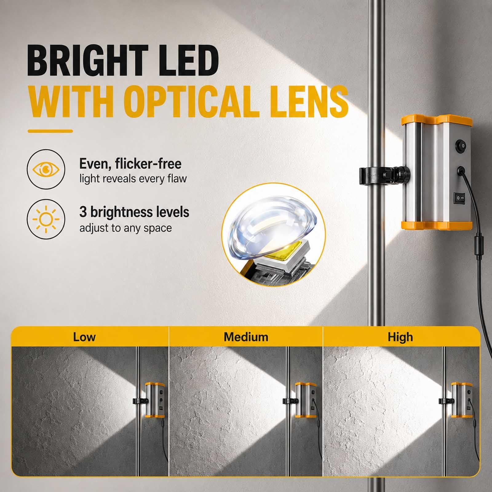 Lampada Led Per Ispezione Superfici,3 Livelli,Supporto Telescopico Light | Luce Grandangolare 155°, 3 Livelli, Testa Girevole 360°, Supporto Telescopico Mani Libere E Cavo 8 M Per Pareti E Soffitti