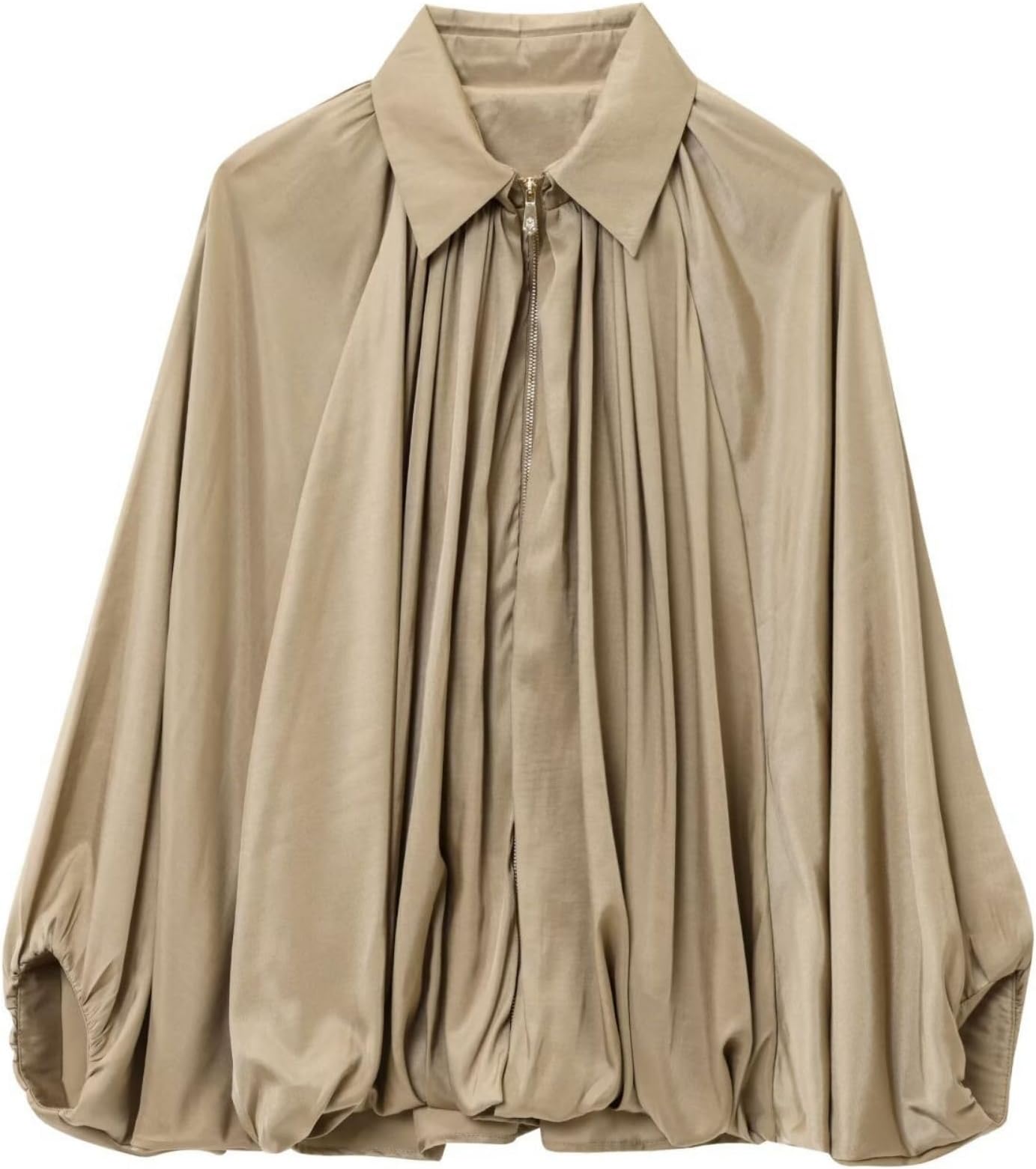 FindThy Women’s Puffed Bomber Jacket Trendy Lapel Collar Long Batwing Sleeve Front Zip Oversized Shirts