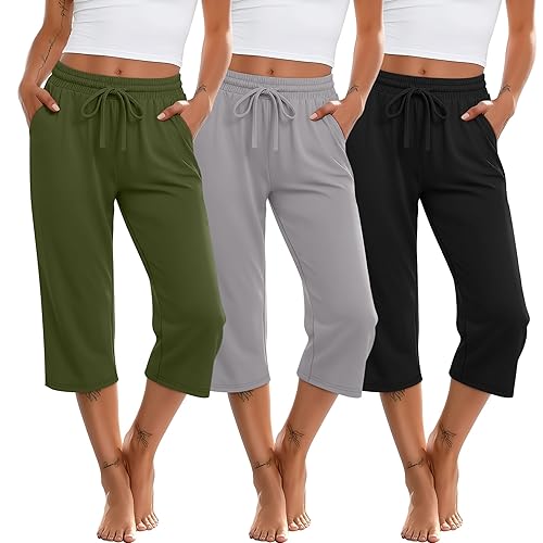 Huukeay 3 Pack Women's Capri Sweatpants Drawstring Lounge Capris Wide