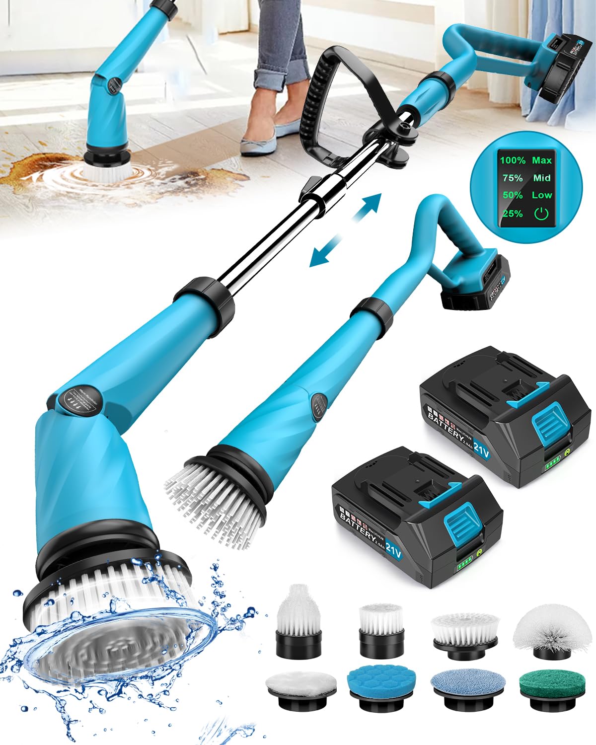 Updated 1500 RPM Battery Electric Spin Scrubber with Handle 8 Replaceable Shower Scrubber 2 Battery Powered Cleaning Brush