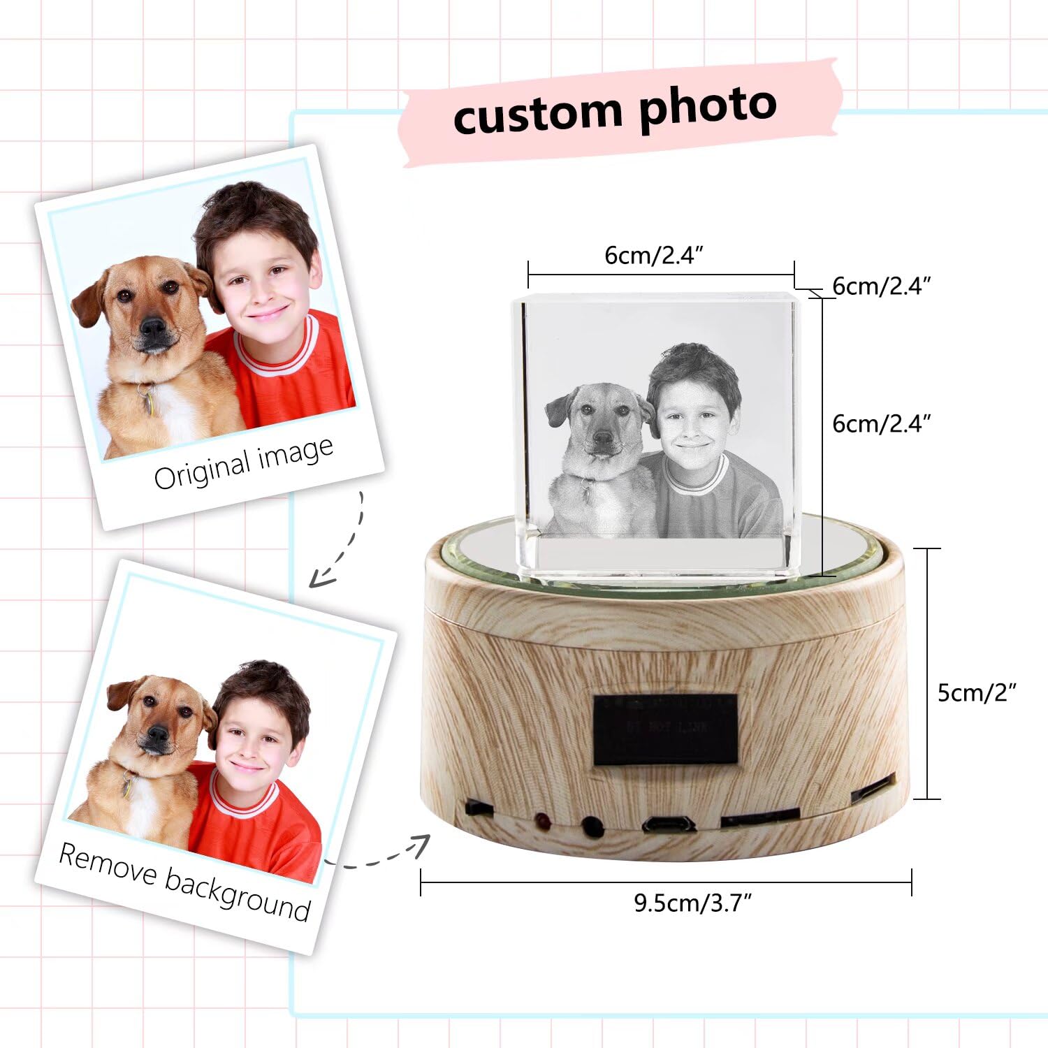 Personalisiertes Kristall Rotation Fotorahmen, Kristall mit Gravur Foto, Desktop-Dekoration, Geschenk mit Bluetooth-Drehlautsprecher, Geschenke zum Kindergeburtstag