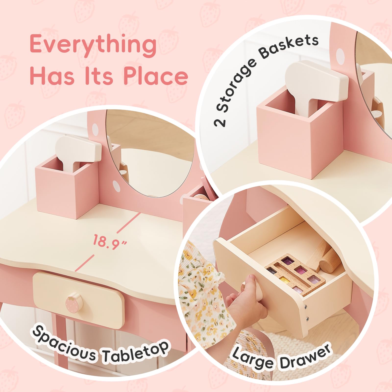 OOOK Schminktisch Kinder Set, Kinder Schminktisch Holz mit Schminkzubehör, Frisiertisch mit Schublade und Hocker, Kinderschminktisch für Mädchen ab 3