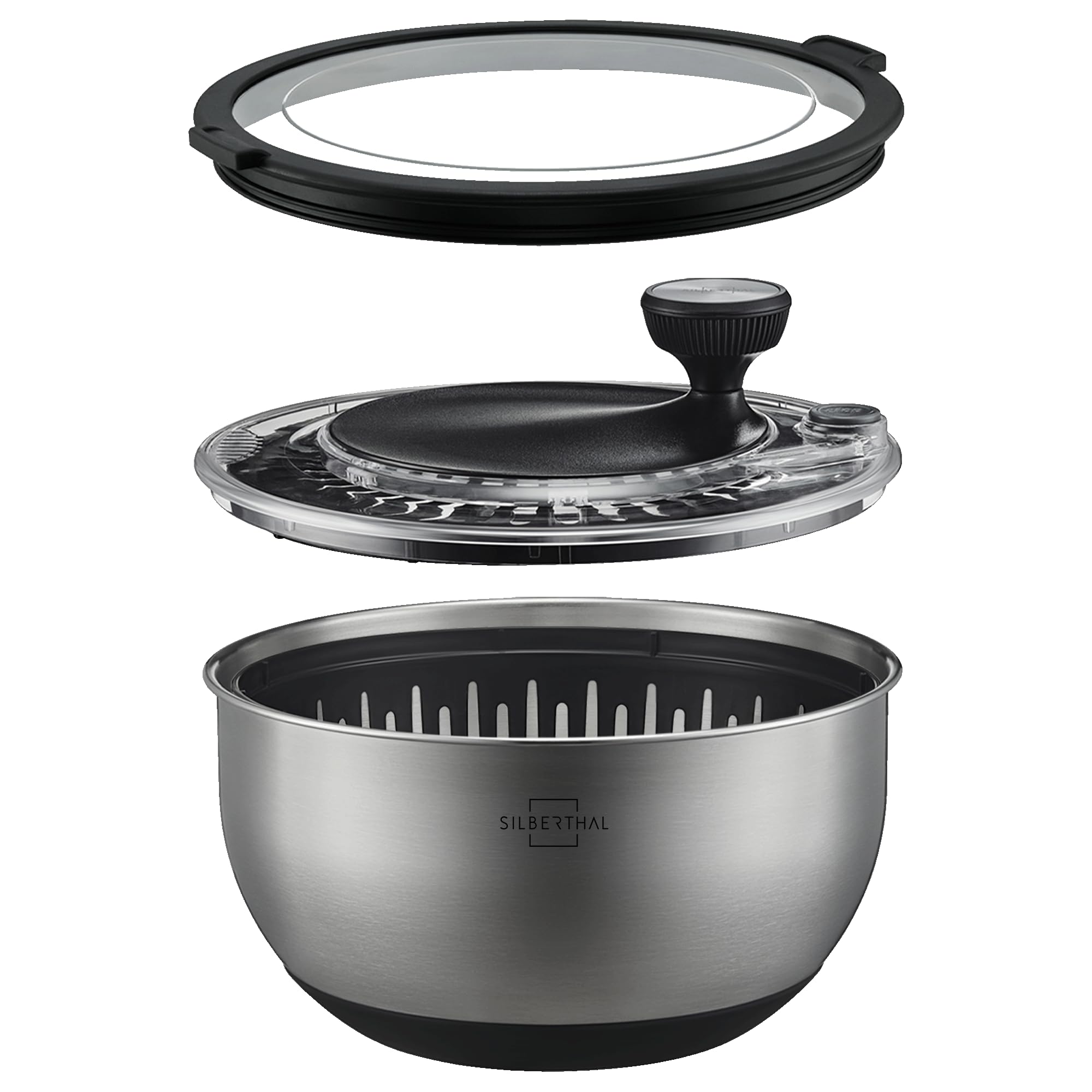 SILBERTHAL Salatschleuder Edelstahl mit Deckel 4,5l groß & rutschfestem Boden - Salad Spinner mit Kurbelantrieb & Stopptaste - BPA-frei & Spülmaschinenfeste Schüssel