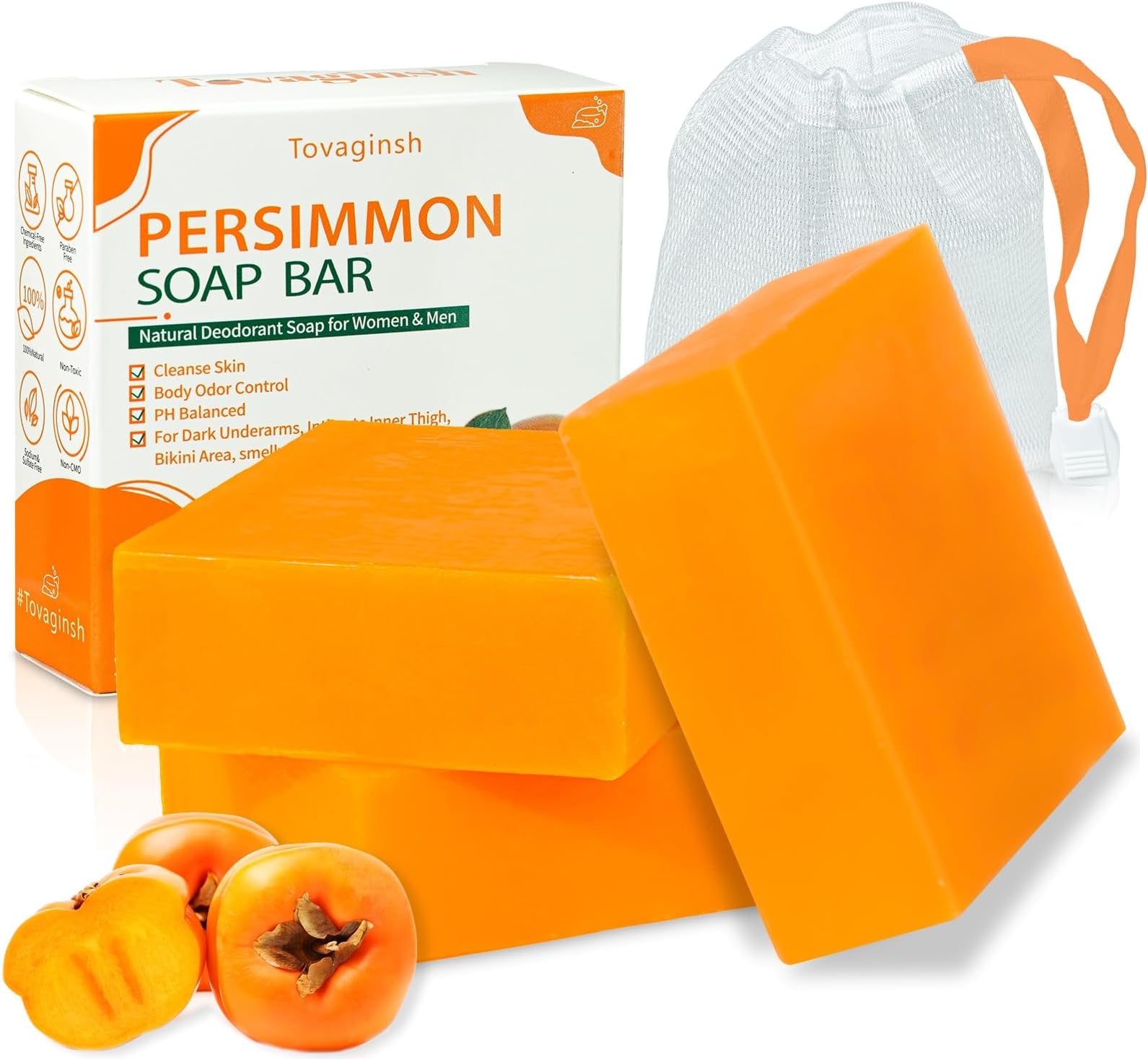 3Pack Natural Persimmon Soap Bar for Body Odor Control, Organic Deodorant Body Persimmon Bar Soap for Old People Smell, Remove Nonenal Body Odor Bath Soap, Persimmon Body Wash Soap for Women & Men