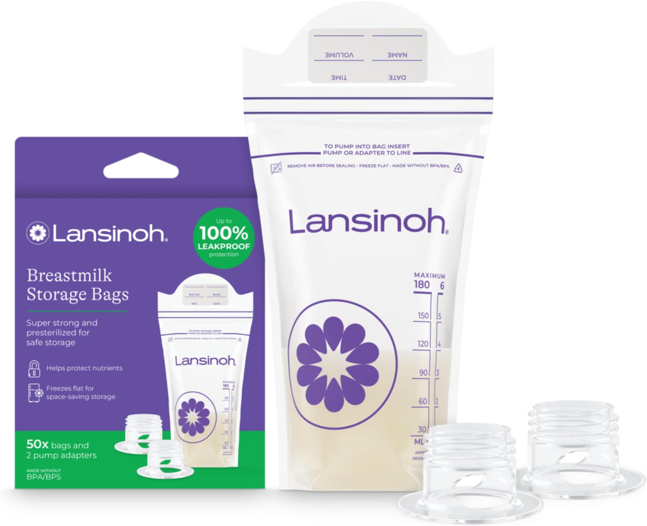 Lansinoh Breastmilk Storage Bags with 2 Pump Adapters, 6 Ounces, 50 Count
