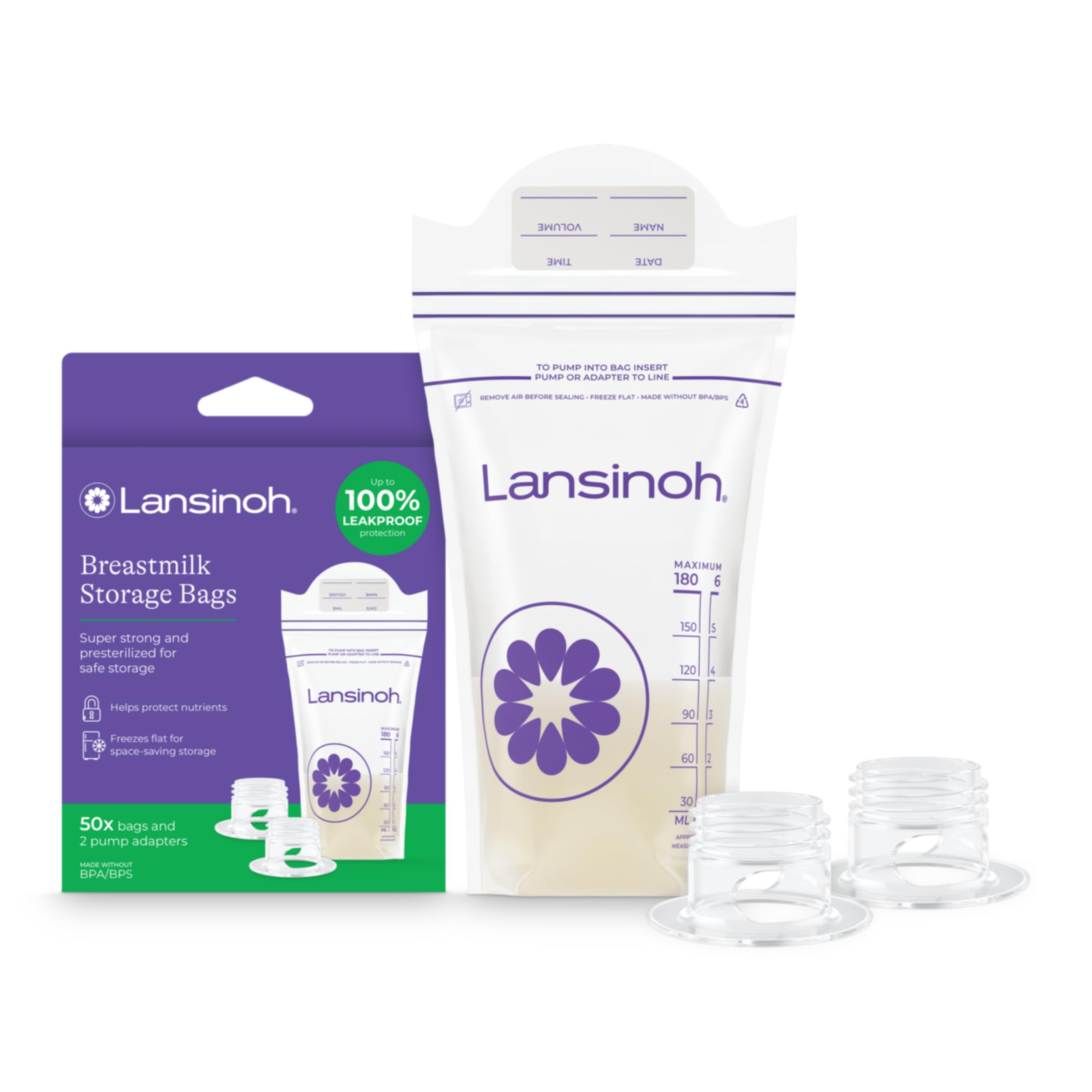 Lansinoh Breastmilk Storage Bags with 2 Pump Adapters, 6 Ounces, 50 Count